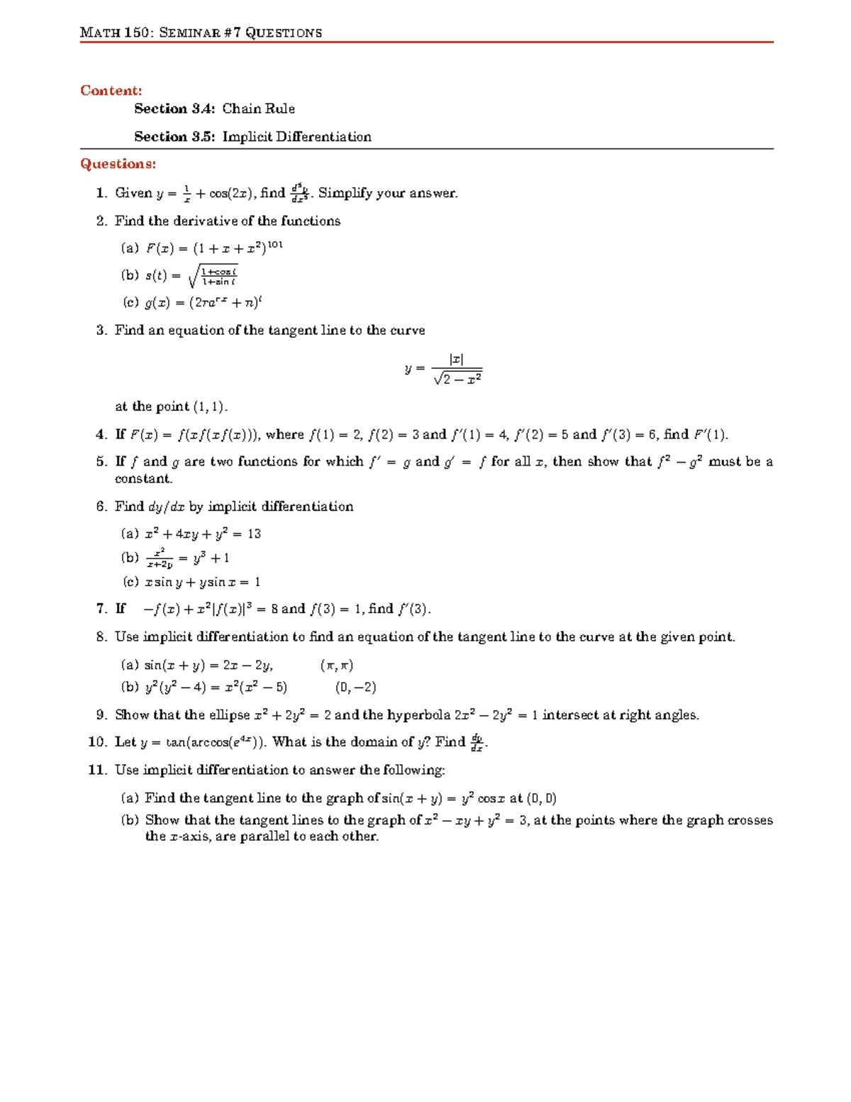 MATH 150: Seminar Questions on Chain Rule & Implicit Differentiation ...