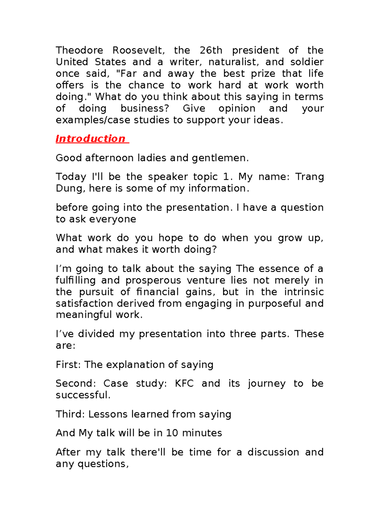 Public Speaking Script: Insights on Purposeful Work and KFC Case Study ...