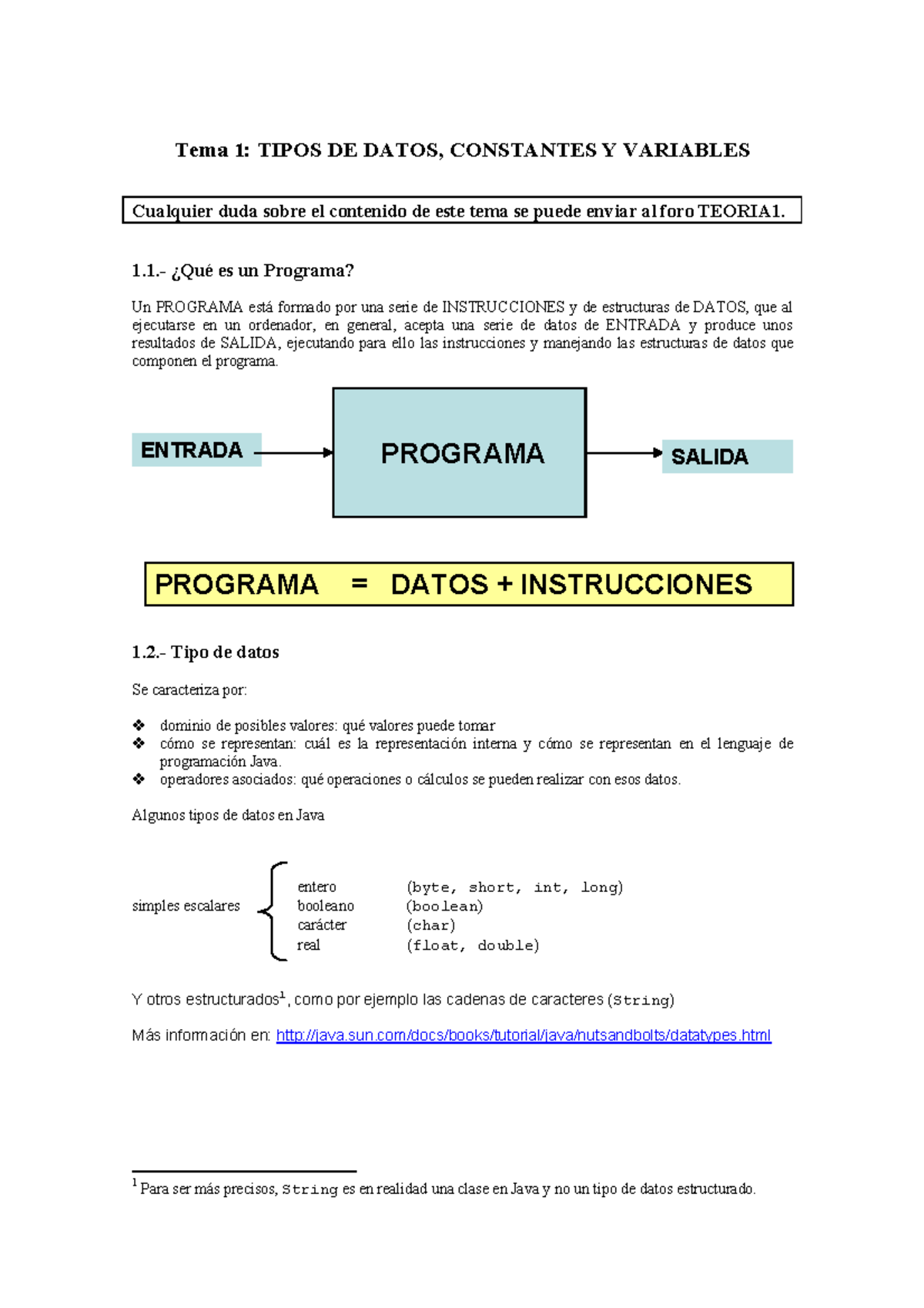 Tema 1: Tipos de Datos, Constantes y Variables en Java - TEORIA1 - Studocu