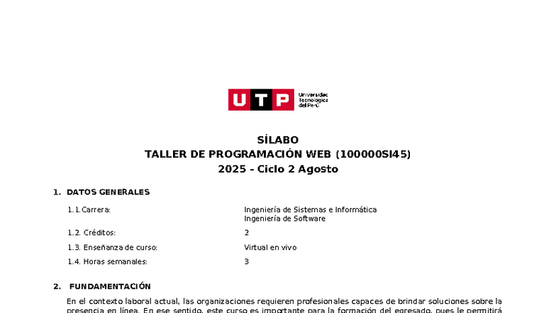 Sílabo Taller de Programación Web 2025 - Ciclo 2 (Agosto) - Document Preview