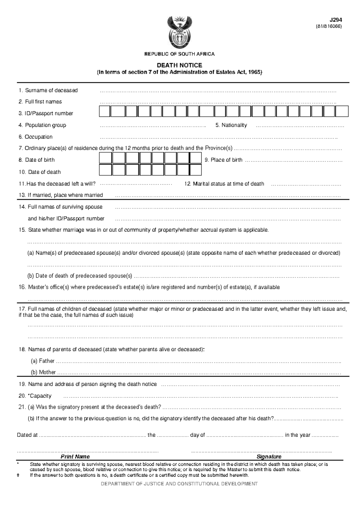 J294 - Death Notice for Wills and Estates Administration Documents ...