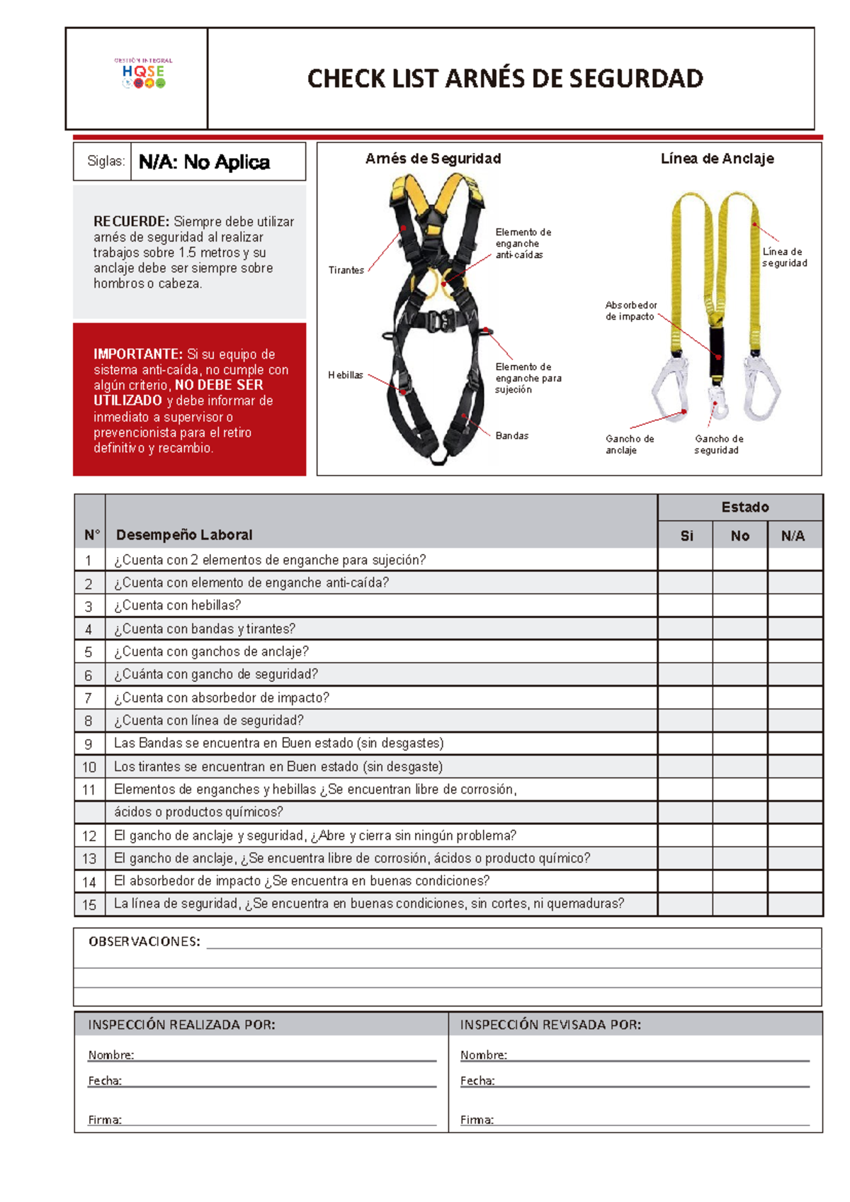 Check List de Inspección de Arnés de Seguridad (P-PR-10-02 SST) - Document Preview