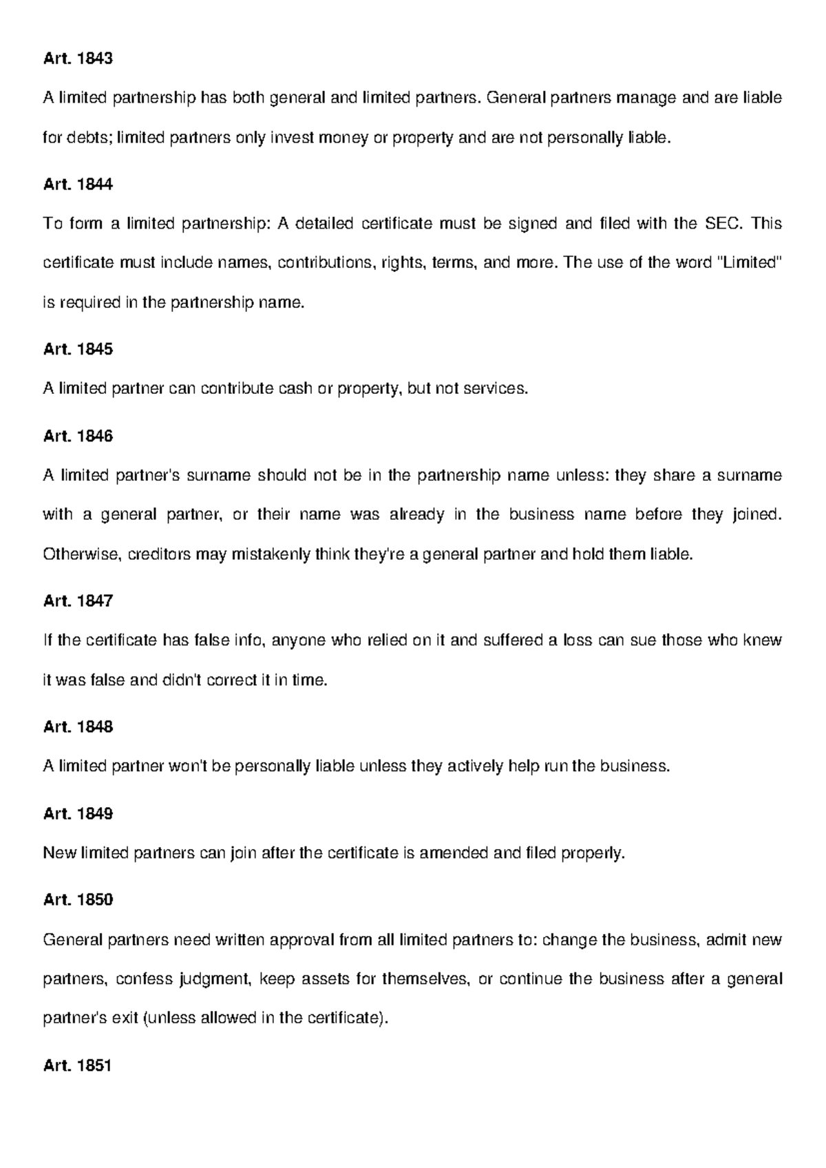 Civil Code Art. 1843-1867 Overview for Limited Partnerships - Studocu