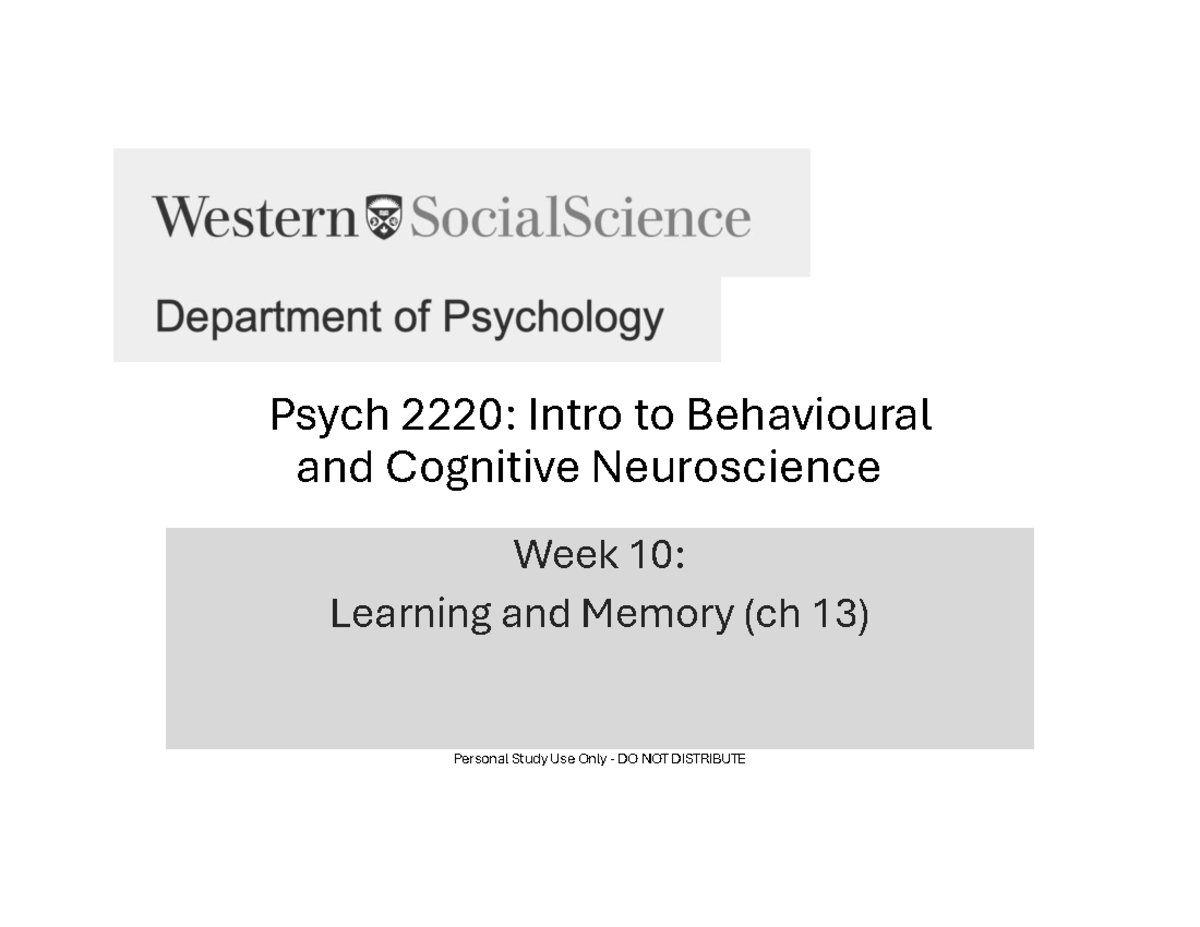 Psych 2220A 2025 Week 10: Learning & Memory Insights - Studocu