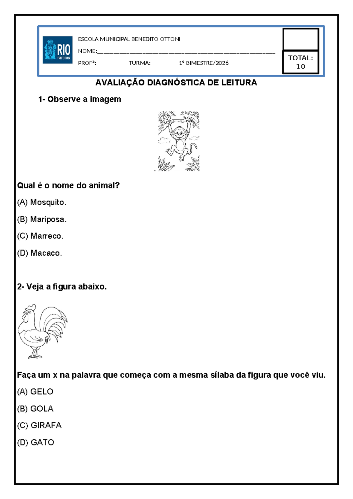 Avaliação Diagnóstica de Leitura - 3º Ano - ESCOLA MUNICIPAL - Studocu