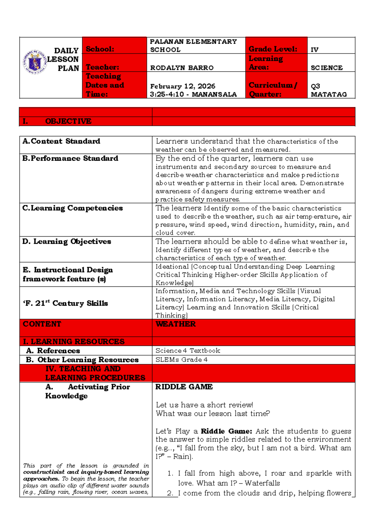 Q3 Science 4 Lesson Plan: Understanding Weather Characteristics - Studocu