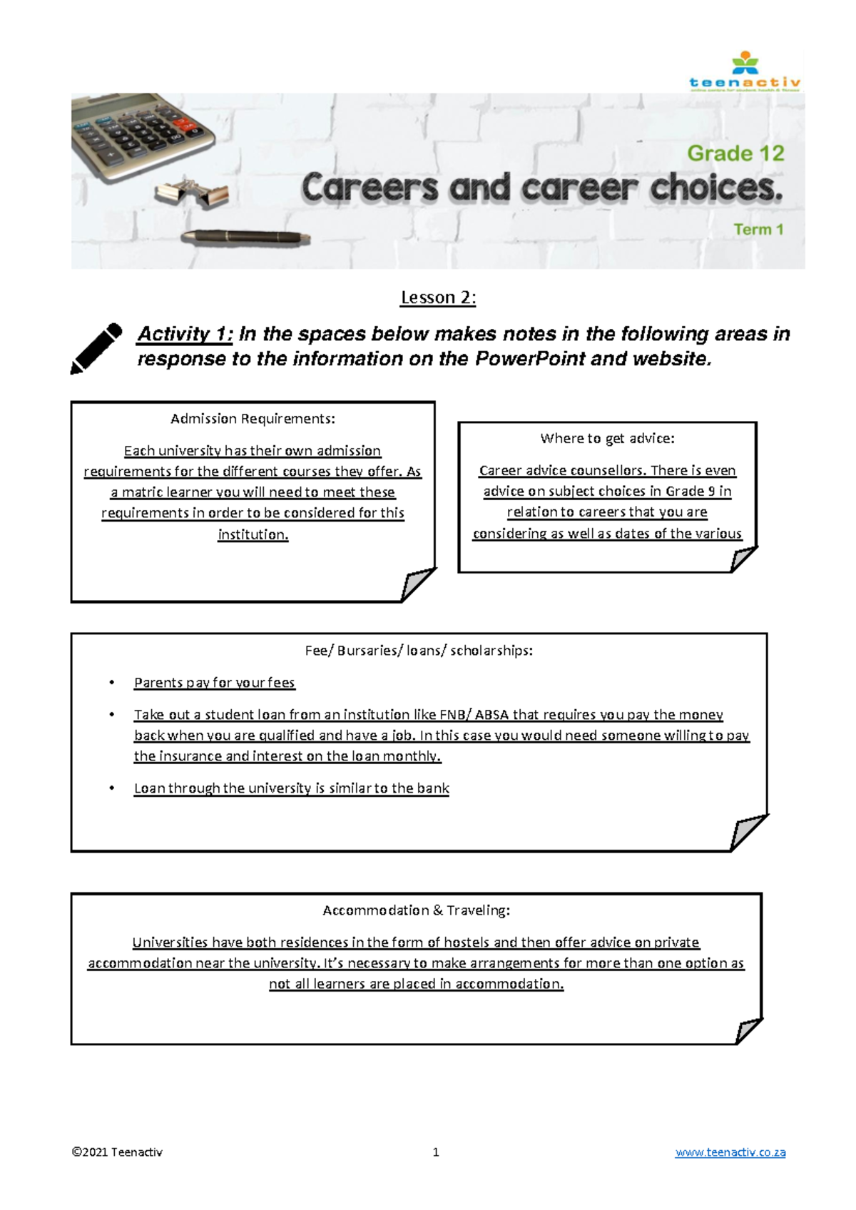 08 Lesson 2 - Worksheet MEMO - Lesson 2 : Activity 1: In the spaces ...