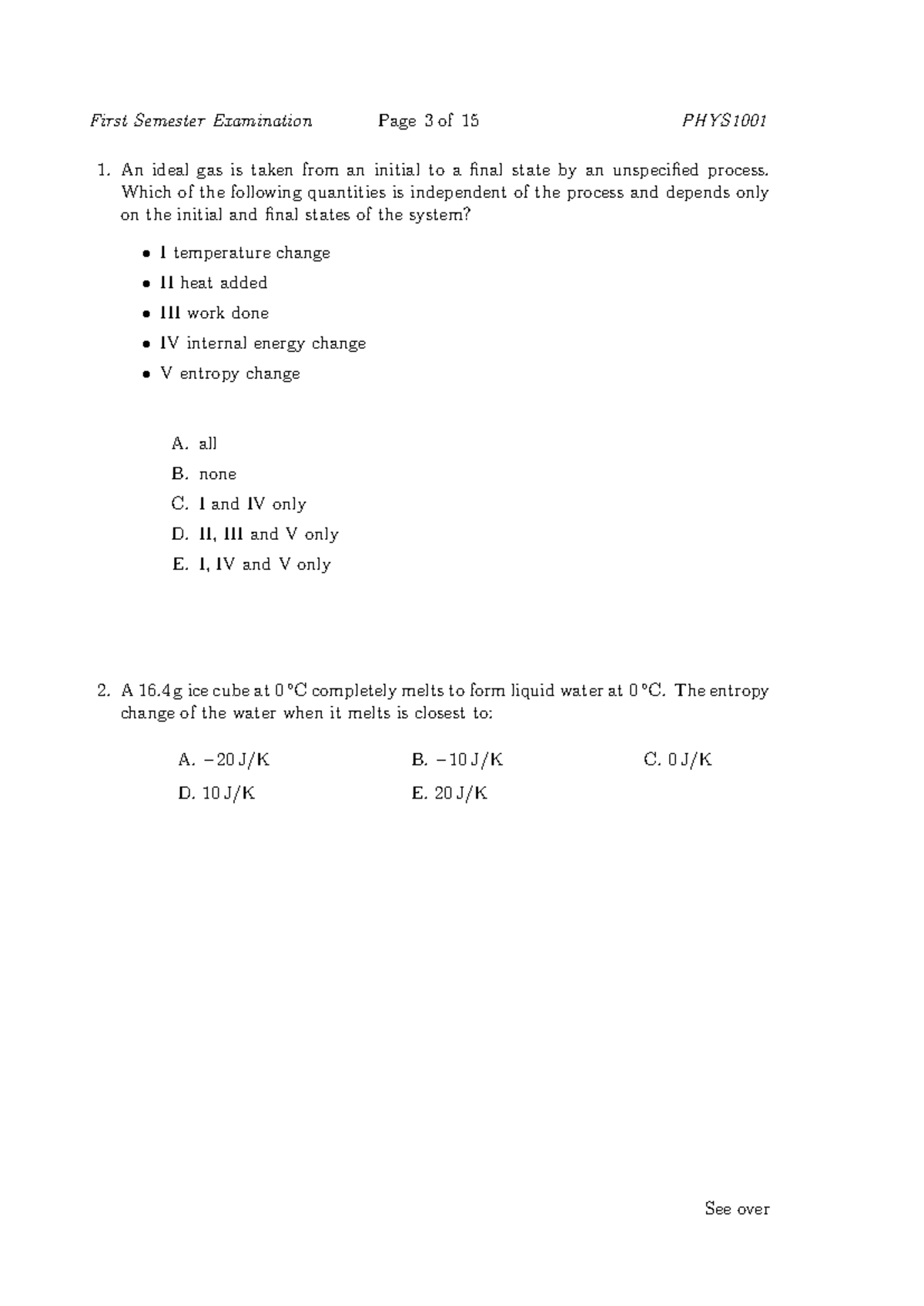 Past Exam 1 - PHYS1001 First Semester Examination Questions and Answers ...