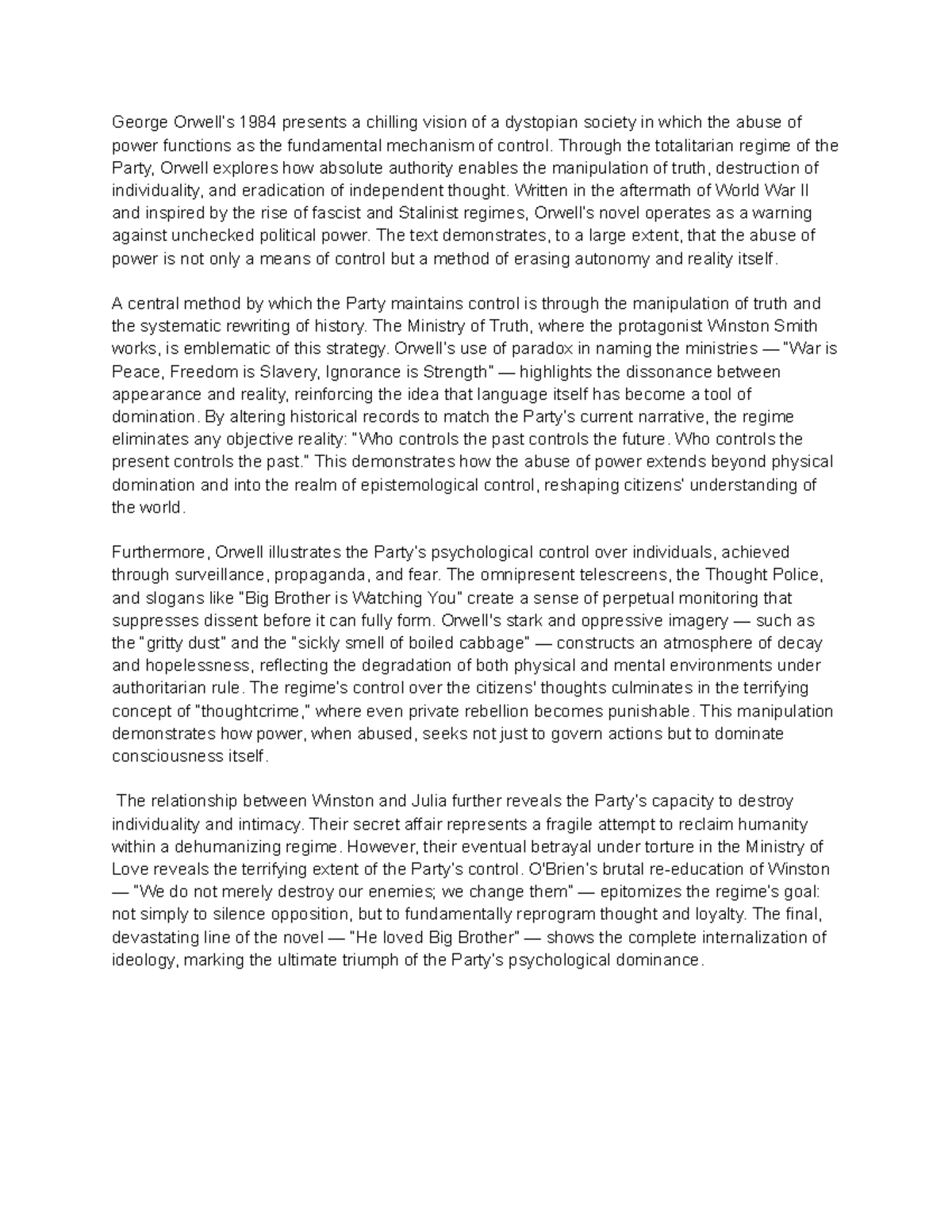 ENG 101: Analysis of Power and Control in Orwell's 1984 - Studocu