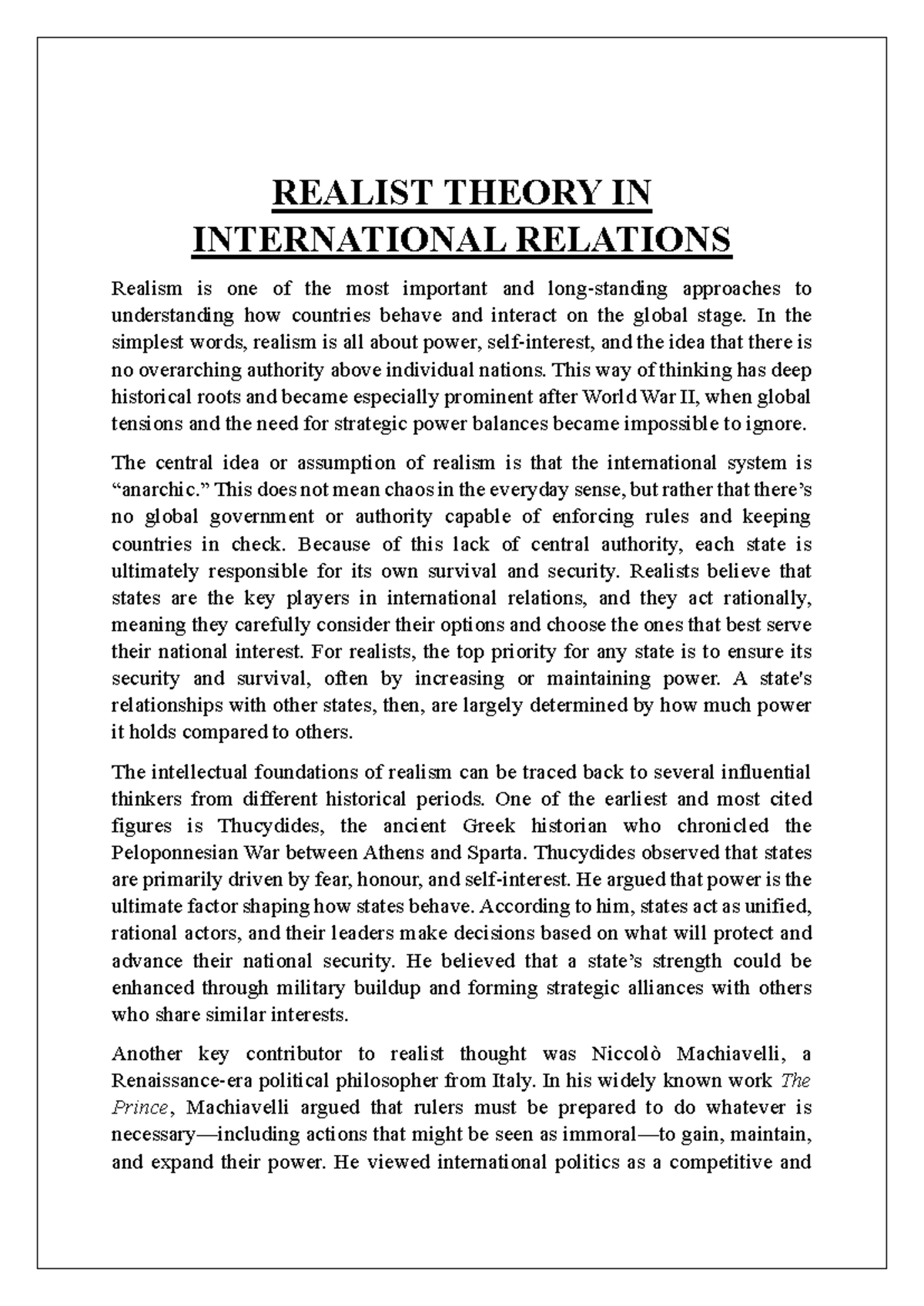 REALIST THEORY IN INTERNATIONAL RELATIONS: A Comprehensive Overview ...