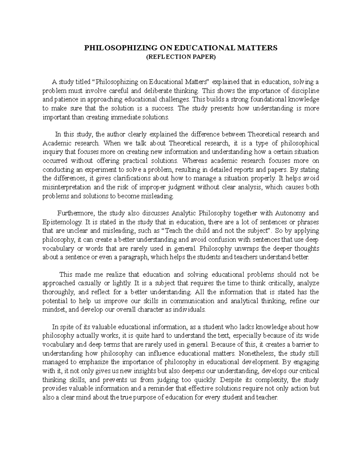 PHIL 101: Reflection Paper on Educational Philosophy Insights - Studocu