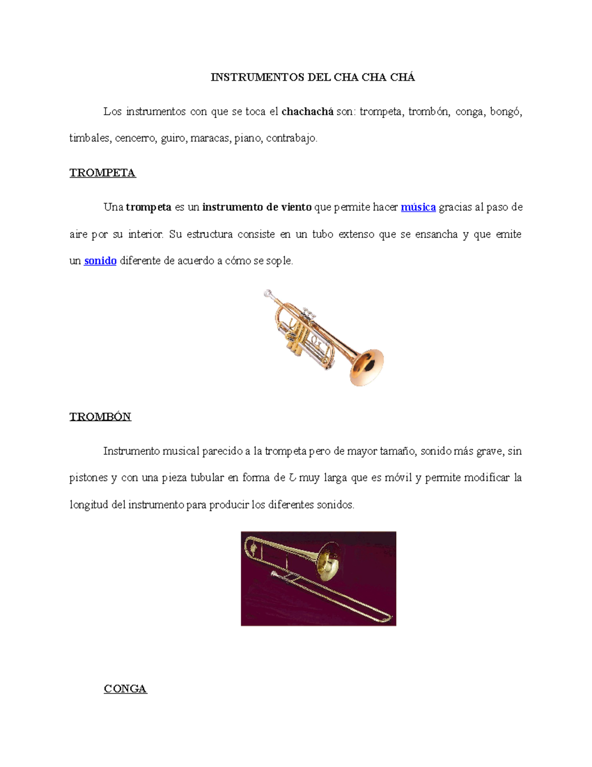 Instrumentos del Cha Cha Chá: Trompeta, Trombón, Conga y Más - Studocu