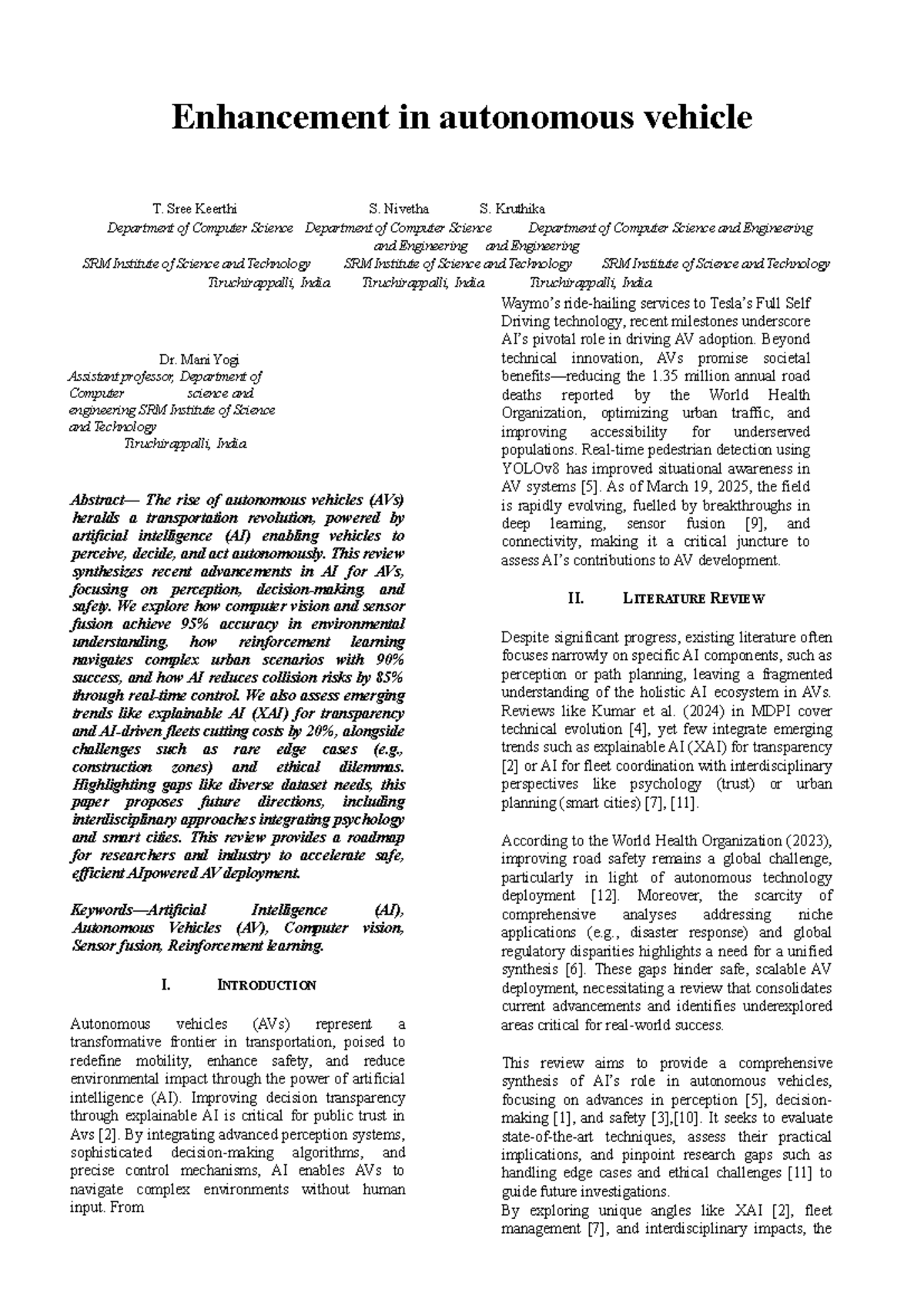 AI Final Research Paper: Advancements in Autonomous Vehicles (AVs ...