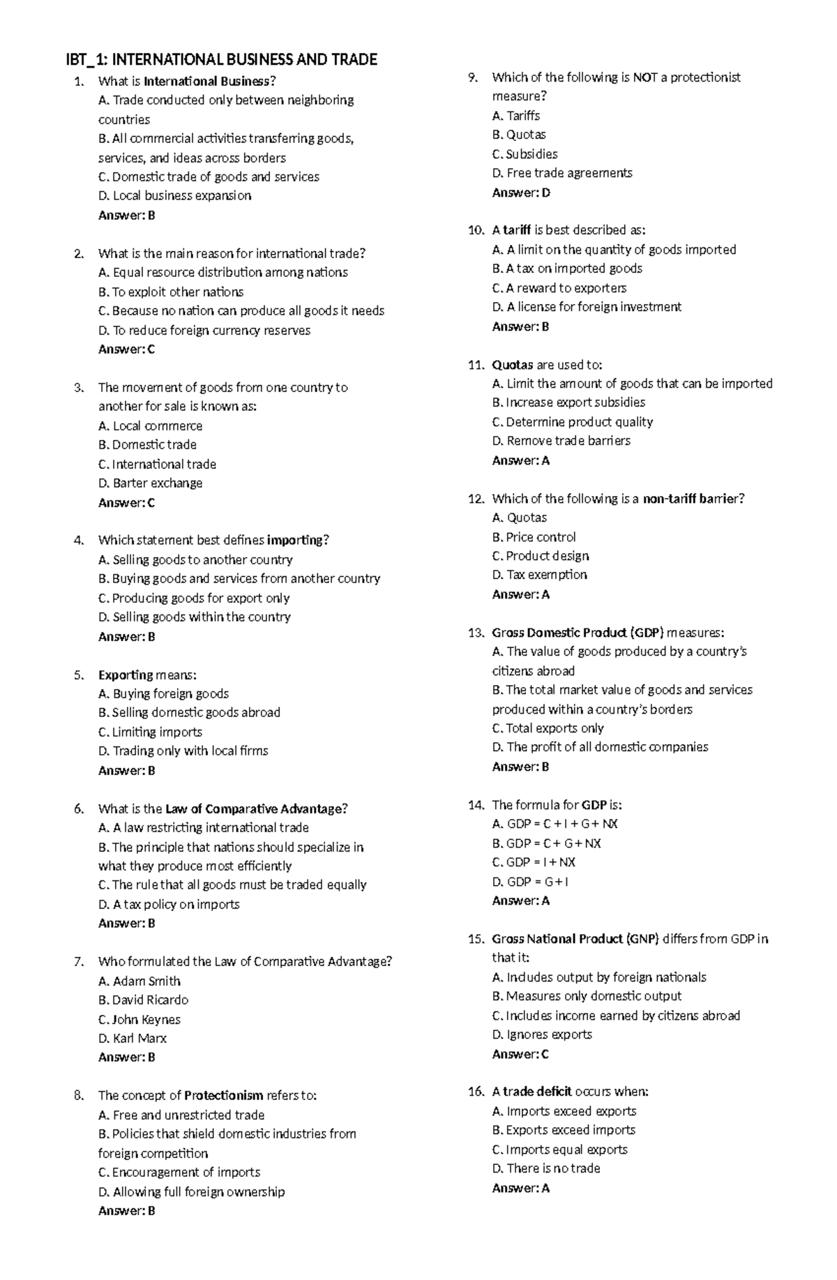 IBT_1: International Business and Trade Midterm Reviewer (MCQ & T/F ...