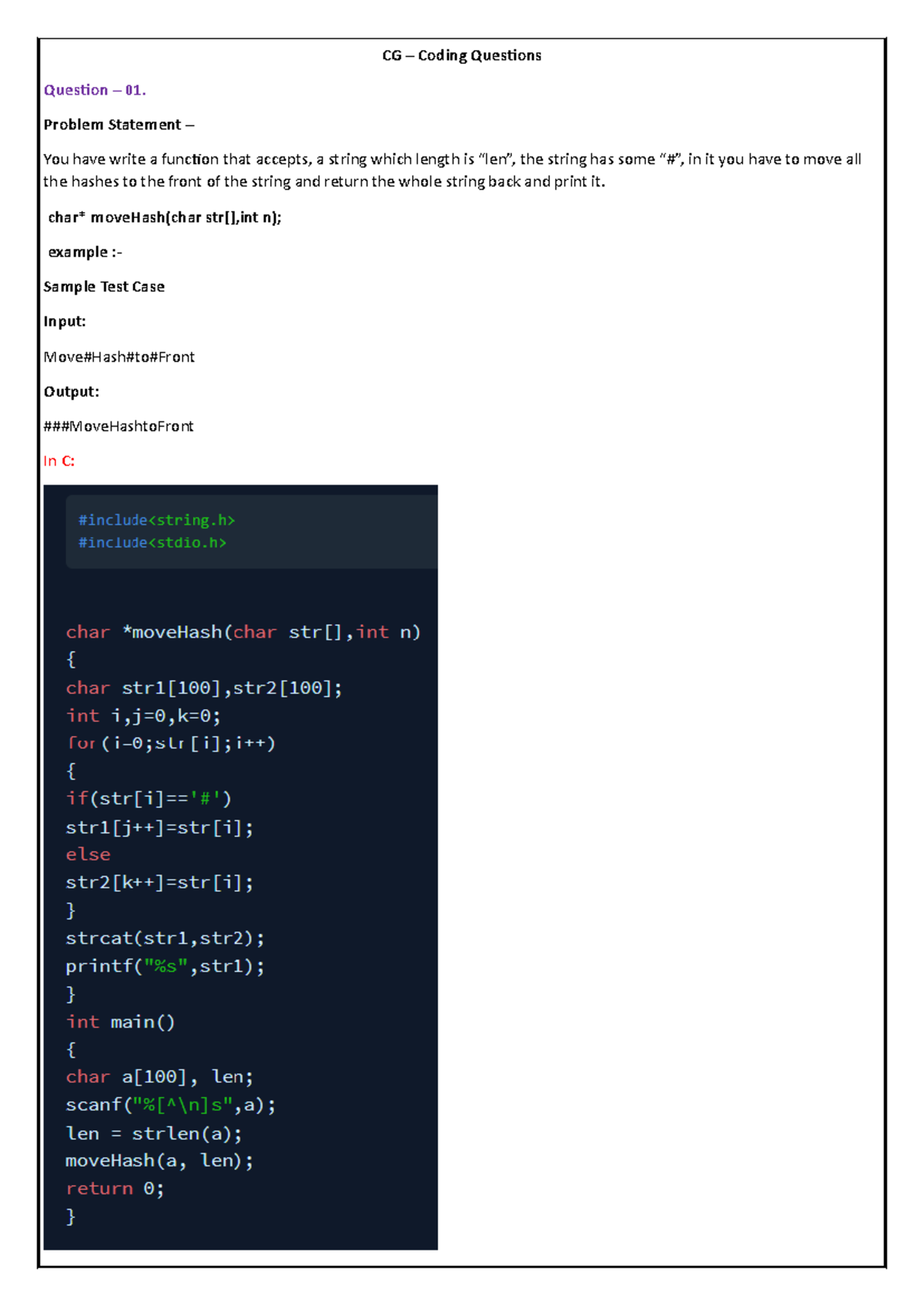 CG - Coding - Questions - CG – Coding Questions Question – 01. Problem ...