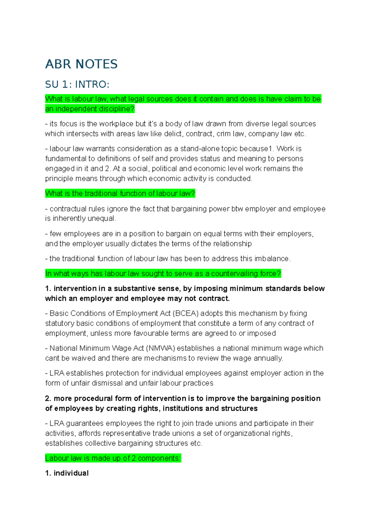 ABR SU 1: Labour Law Overview and Key Concepts - Studocu