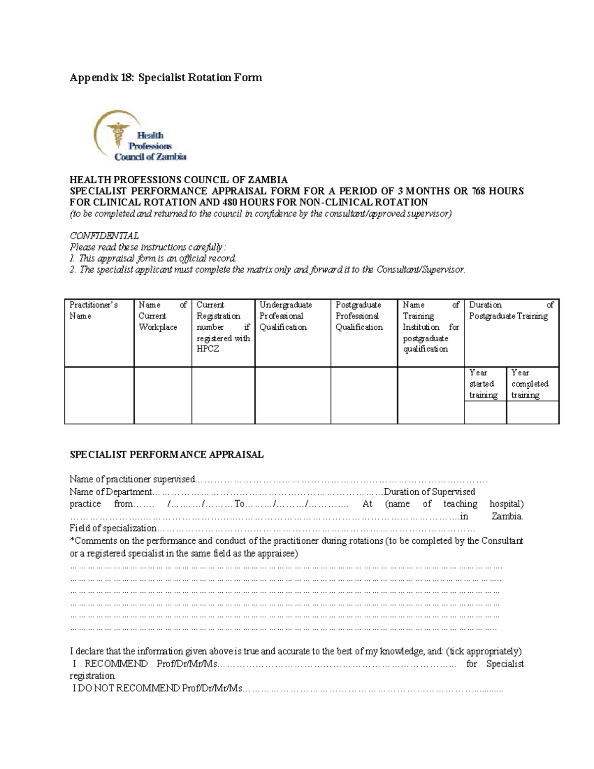 Specialist Rotation Form for Performance Appraisal - HPCZ Guidelines ...