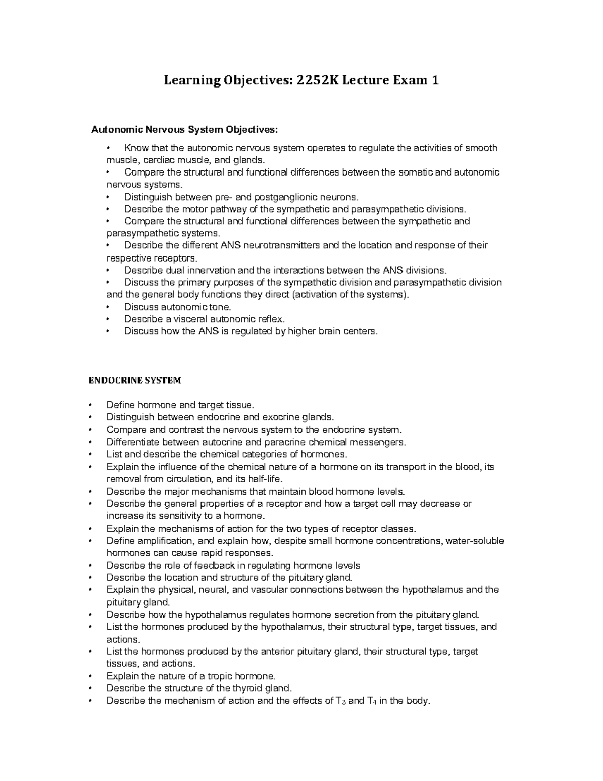 BIOL 2252K Lecture Exam 1: ANS & Endocrine System Objectives - Studocu