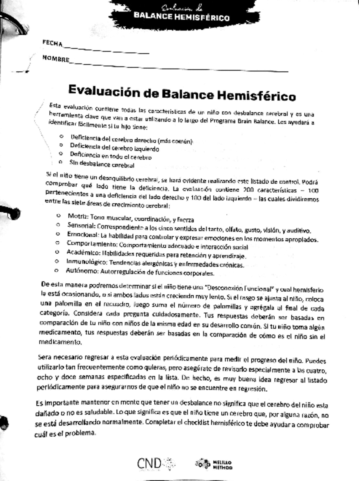 Evaluación de Balance Hemisférico CND MELILLO METHOD - Studocu