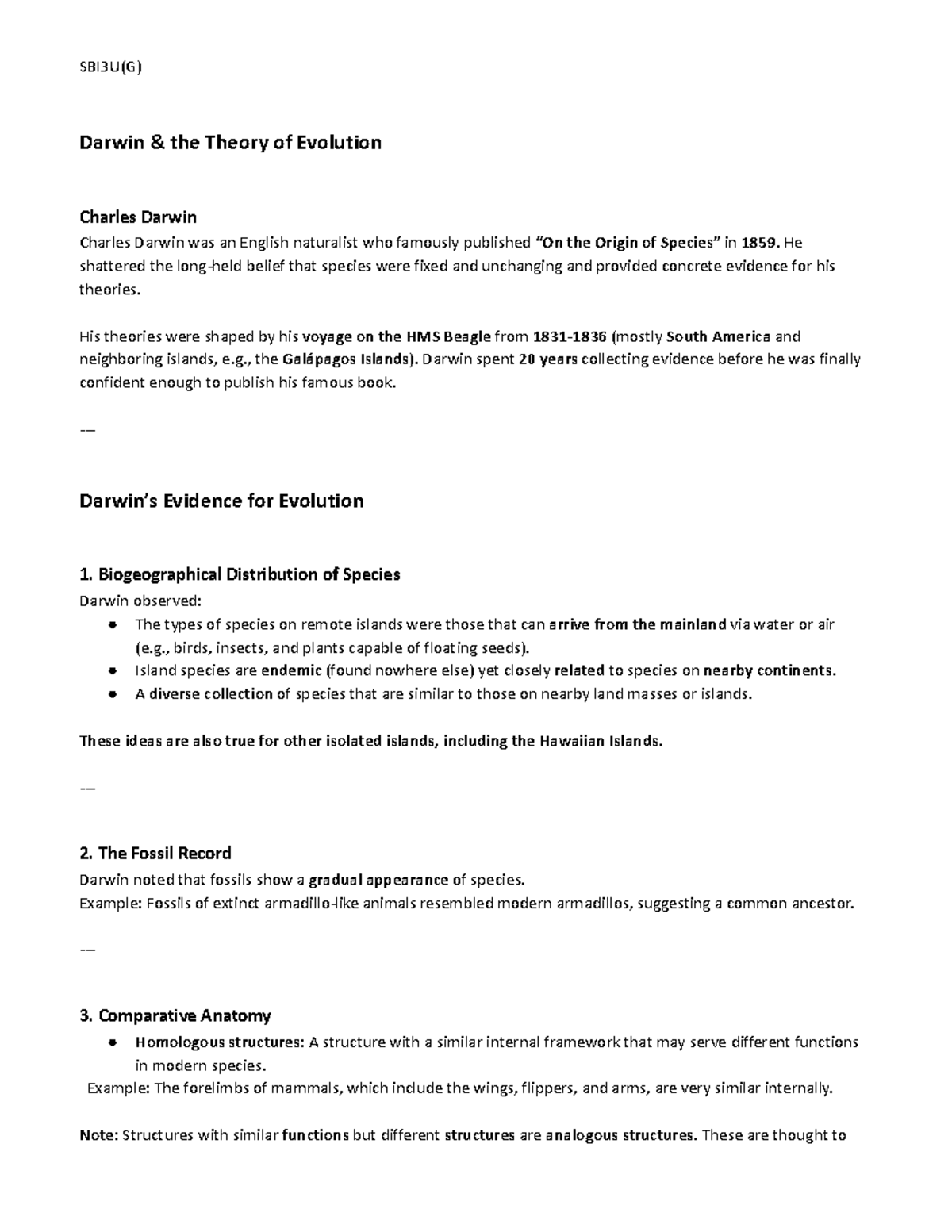 Darwin & the Theory of Evolution Note - SBI3U(G) Darwin & the Theory of ...