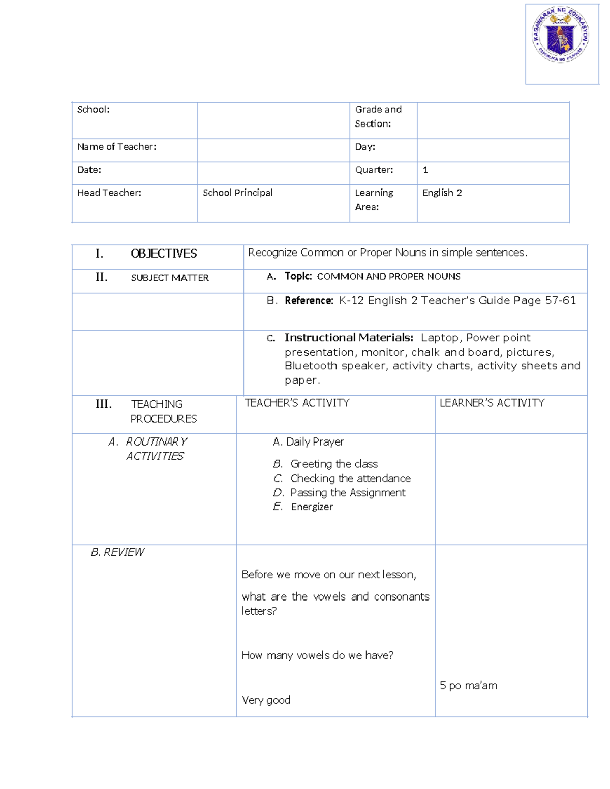 English 2 Lesson on Common and Proper Nouns - DLP Grade 2 - Studocu