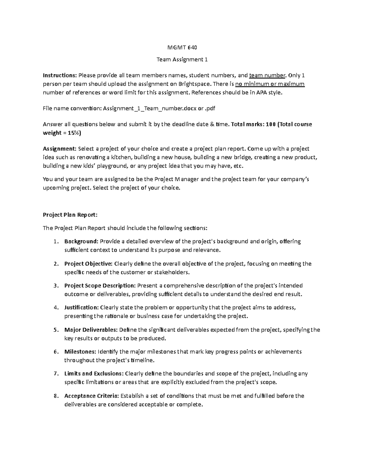 MGMT 640 Team Assignment 1: Project Plan Report Guidelines - Studocu