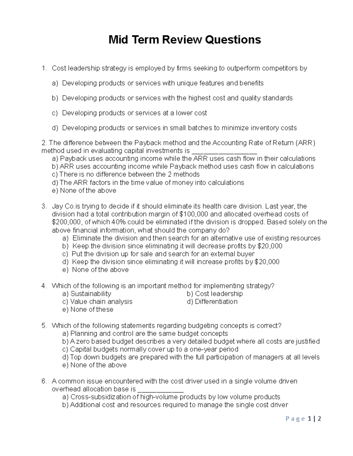 Midterm Review Questions for Business Strategy (Course Code: BUS101 ...