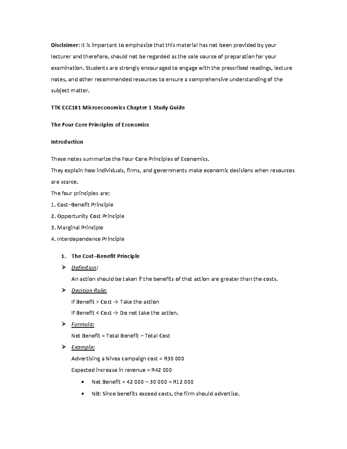 TTK ECC101 Microeconomics Chapter 1 Study Guide: Core Principles - Studocu