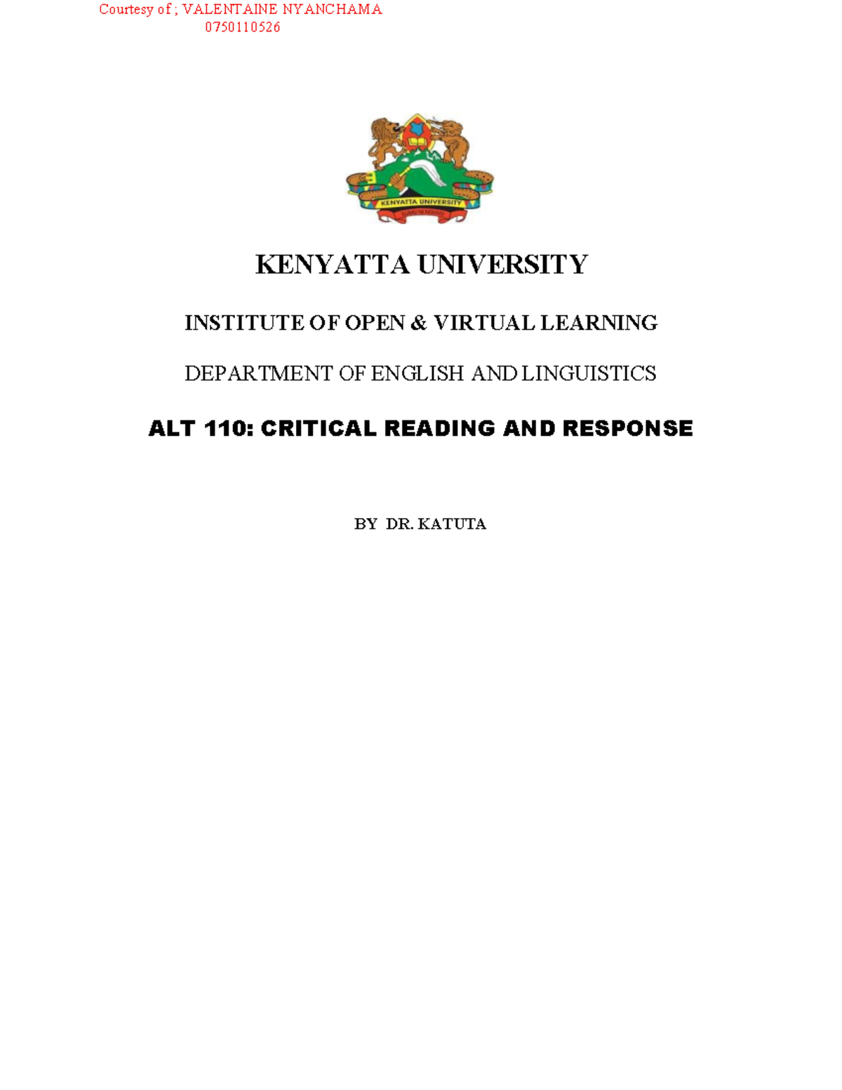ALT 110: Critical Reading and Response in Literature - Lesson 1 Notes ...