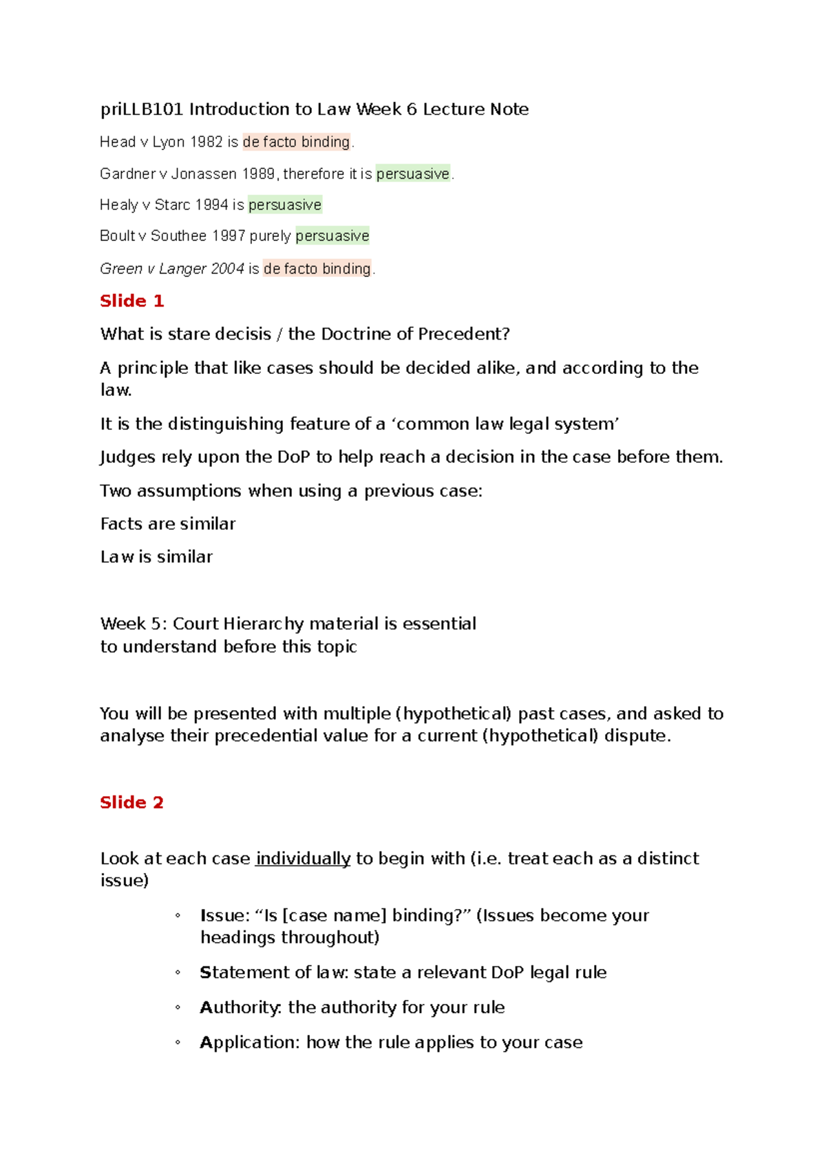 LLB101 Introduction to Law - Week 6 Lecture Notes on Precedent - Studocu