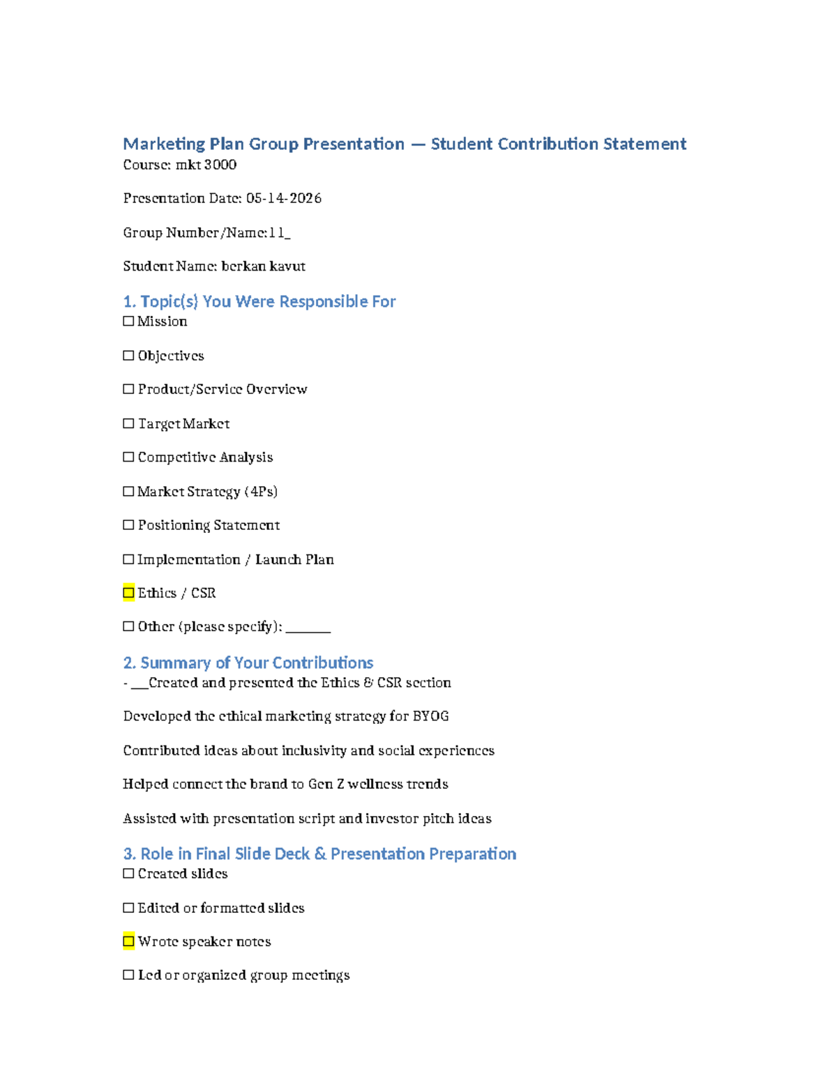 MKT 3000 - Marketing Plan Group Project Contribution Statement - Spring ...