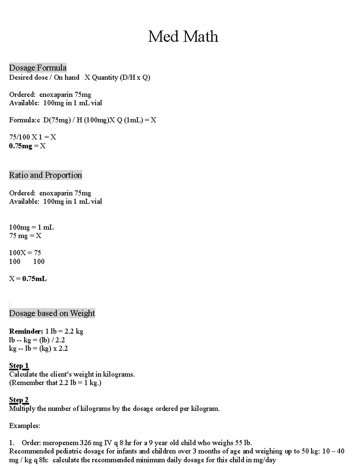 MED MATH 2021: Comprehensive Dosage Calculation Guide - Studocu