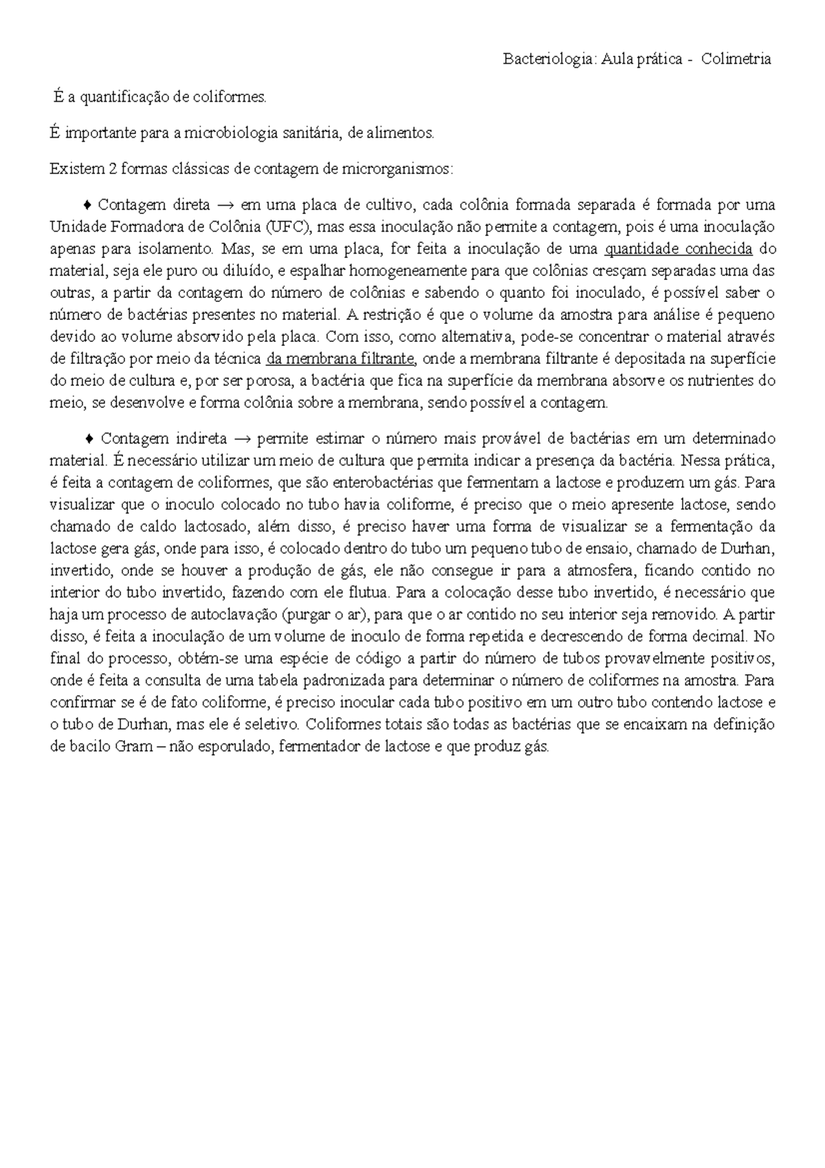 Prática de Colimetria: Contagem de Coliformes em Microbiologia - Studocu