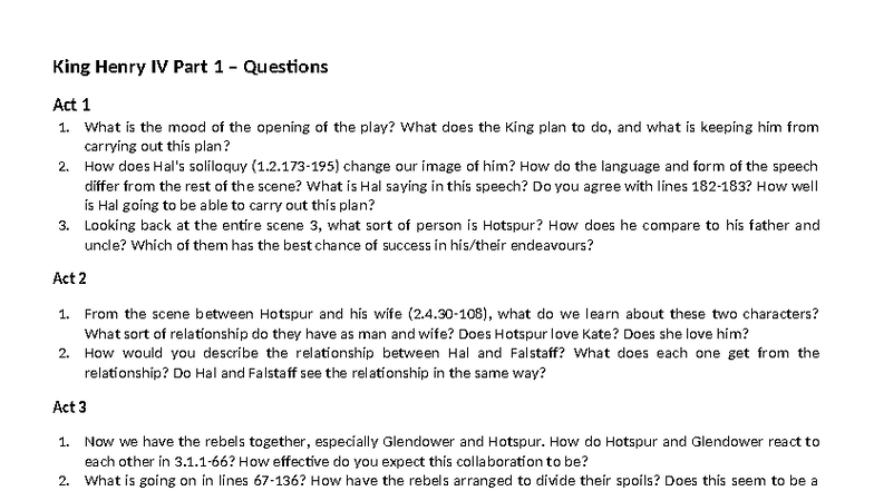 King Henry IV Part 1 Study Questions and Analysis - Studocu