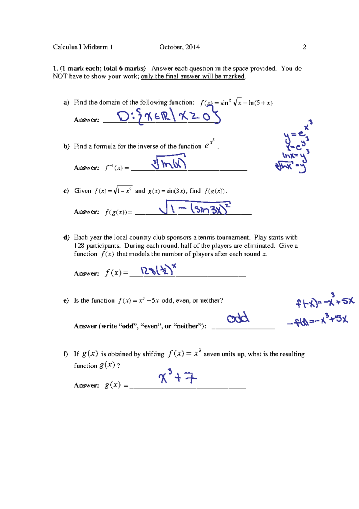 Calculus I Midterm Exam 1 Solutions (Oct 2014) - Studocu