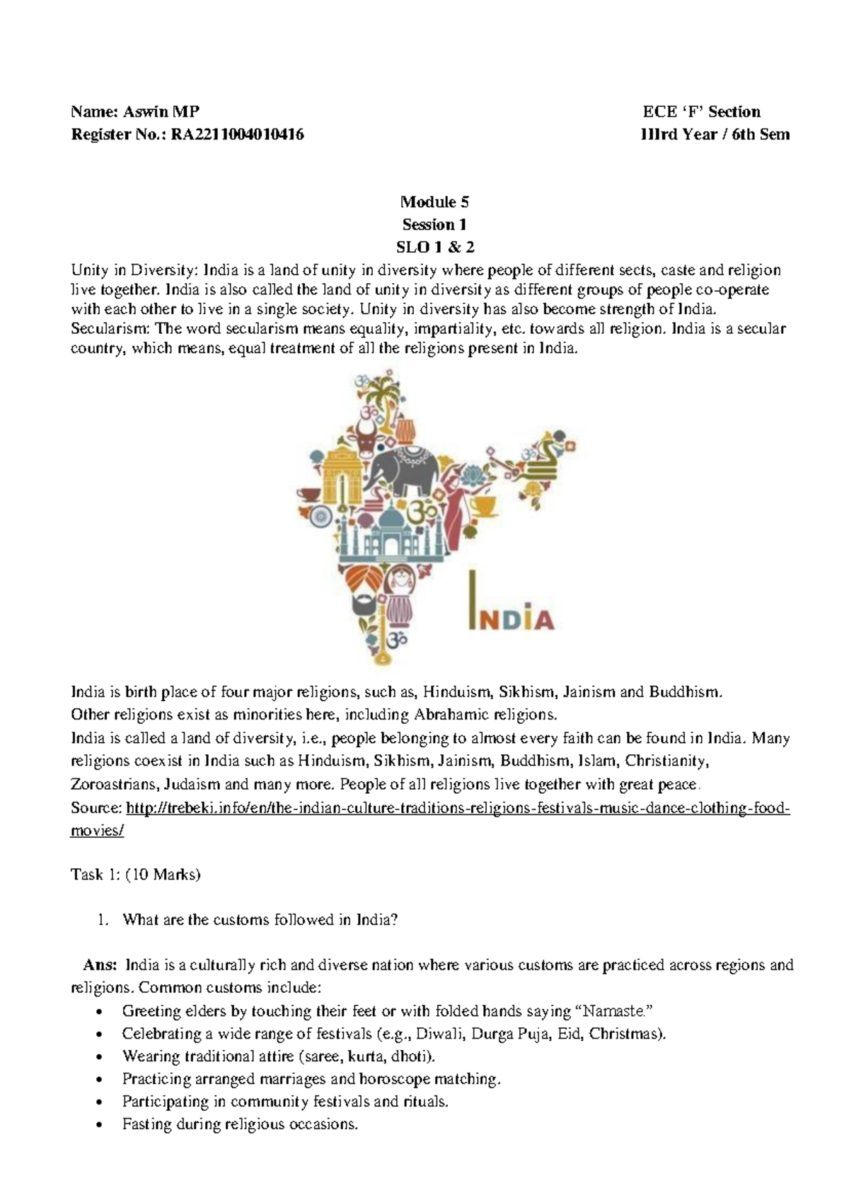 Itk Assignment 3 - Unity in Diversity and Cultural Practices in India ...