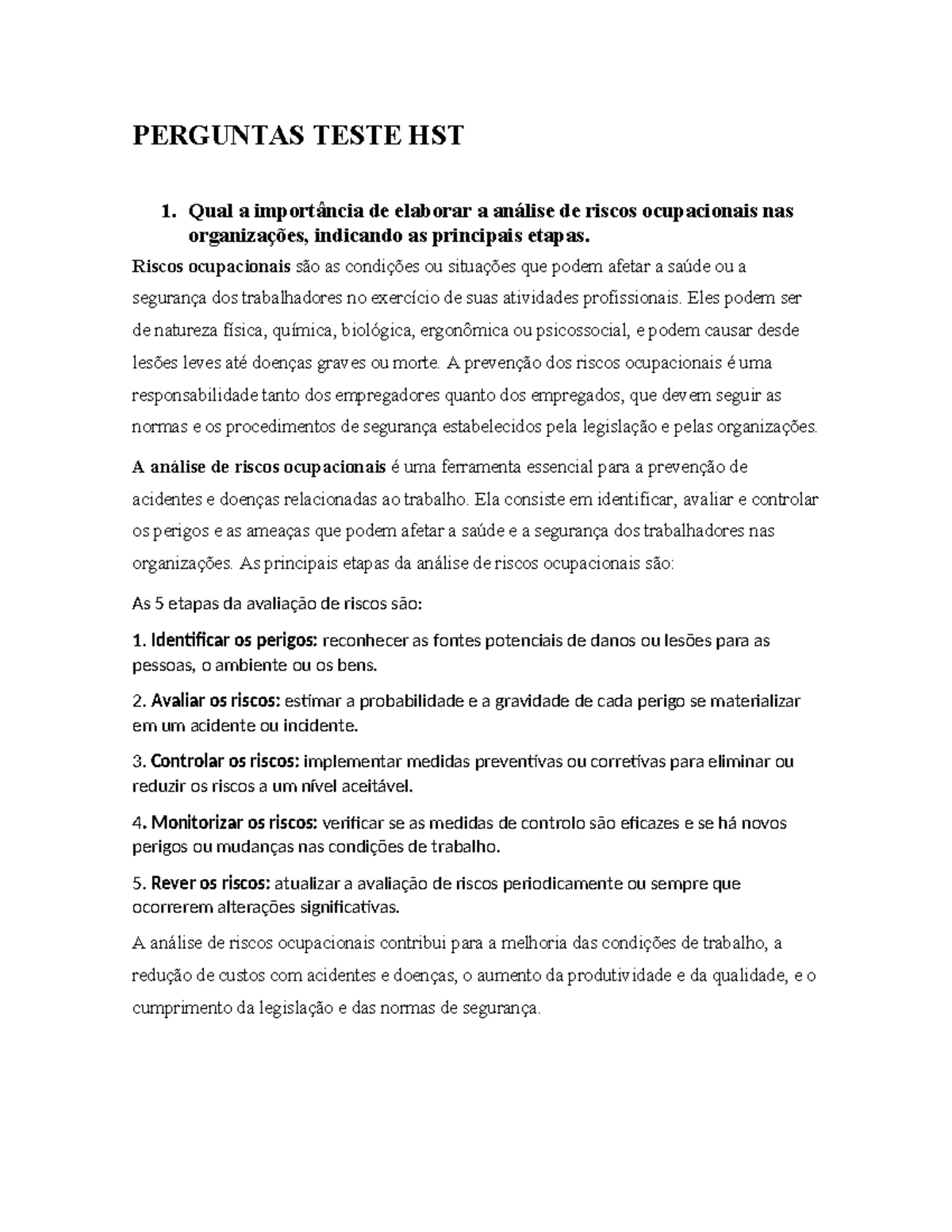 Resumos - Higiene e Segurança no Trabalho (HST) e Prevenção de ...