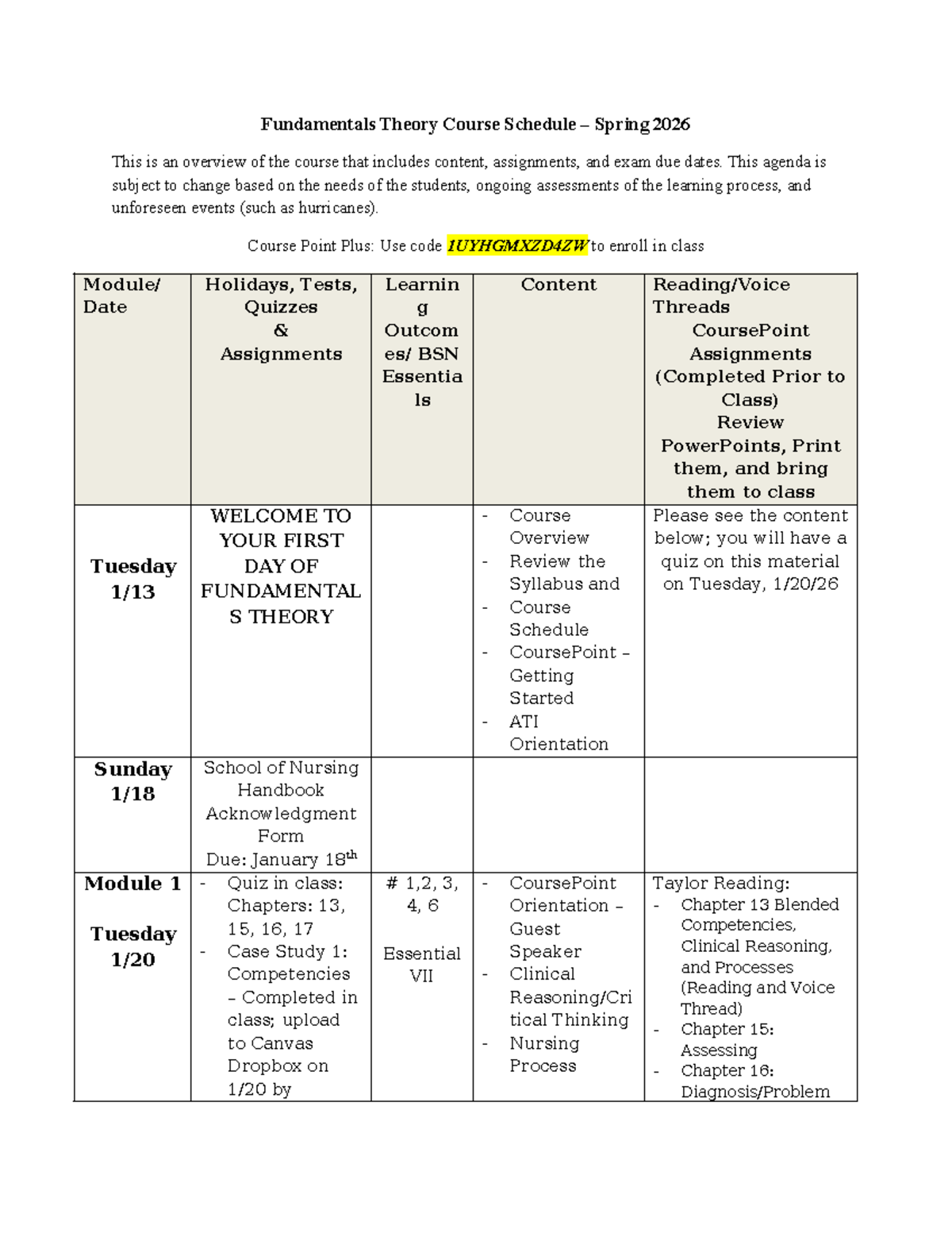 Spring 2026 Fundamentals Theory Course Schedule Overview - Studocu
