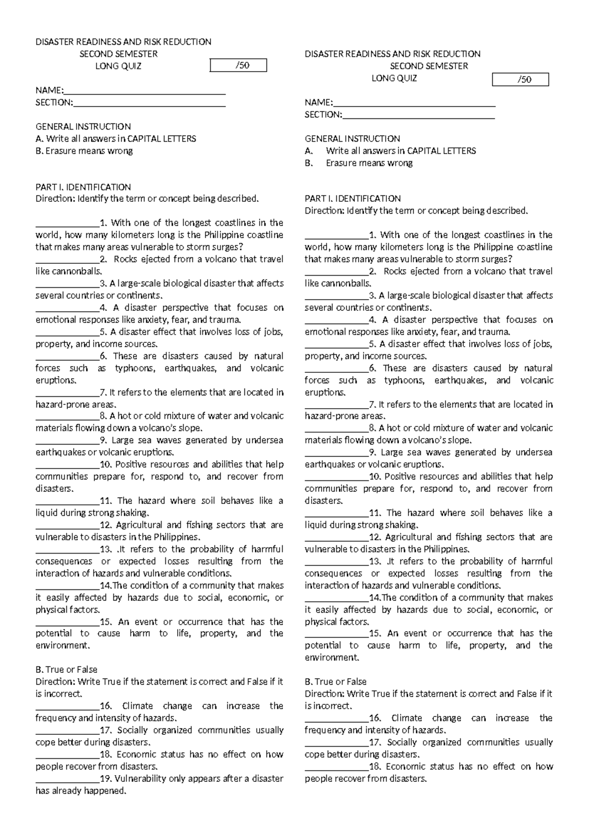DISASTER READINESS AND RISK REDUCTION 2ND SEM LONG QUIZ - Studocu