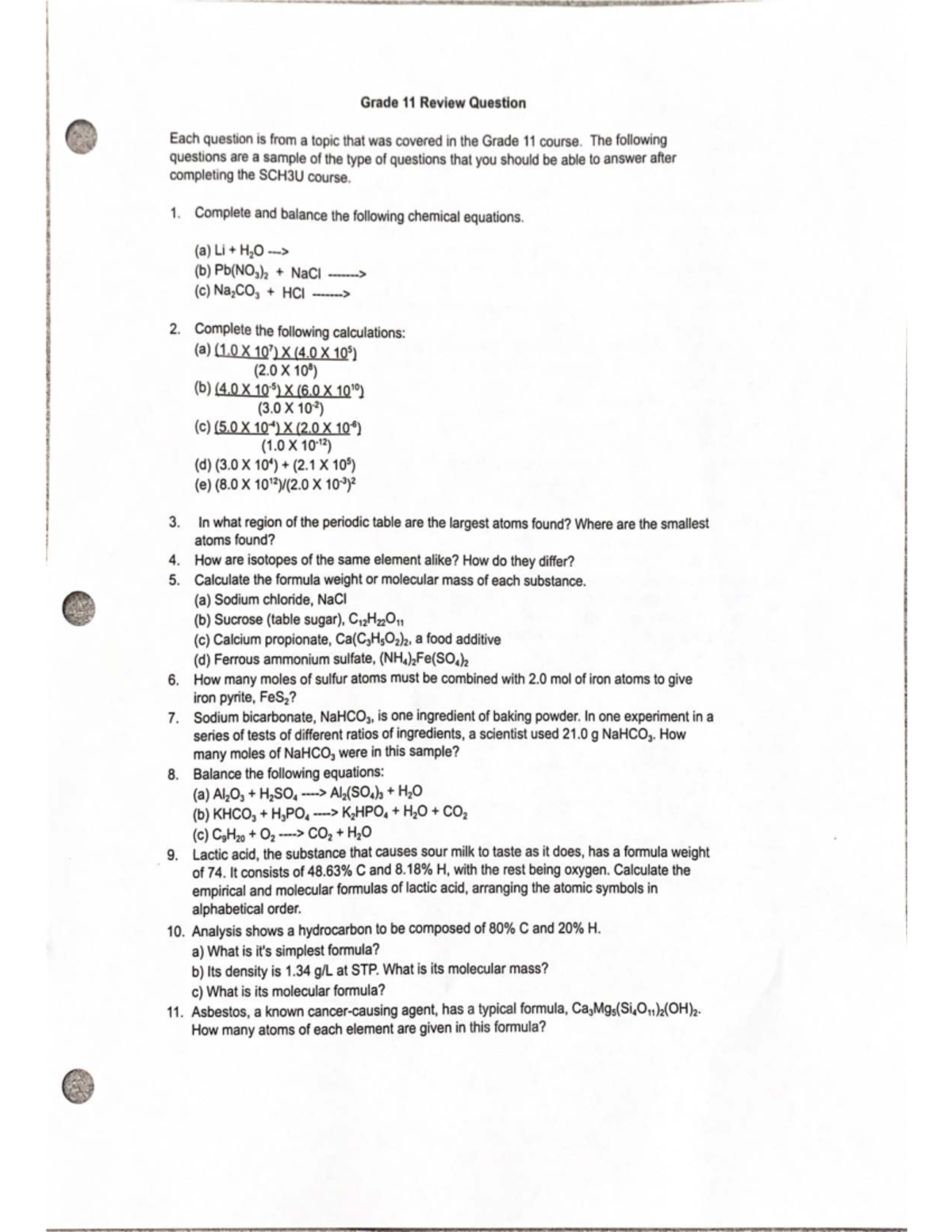 Grade 11 Chemistry Review Questions - SCHU Course - Studocu