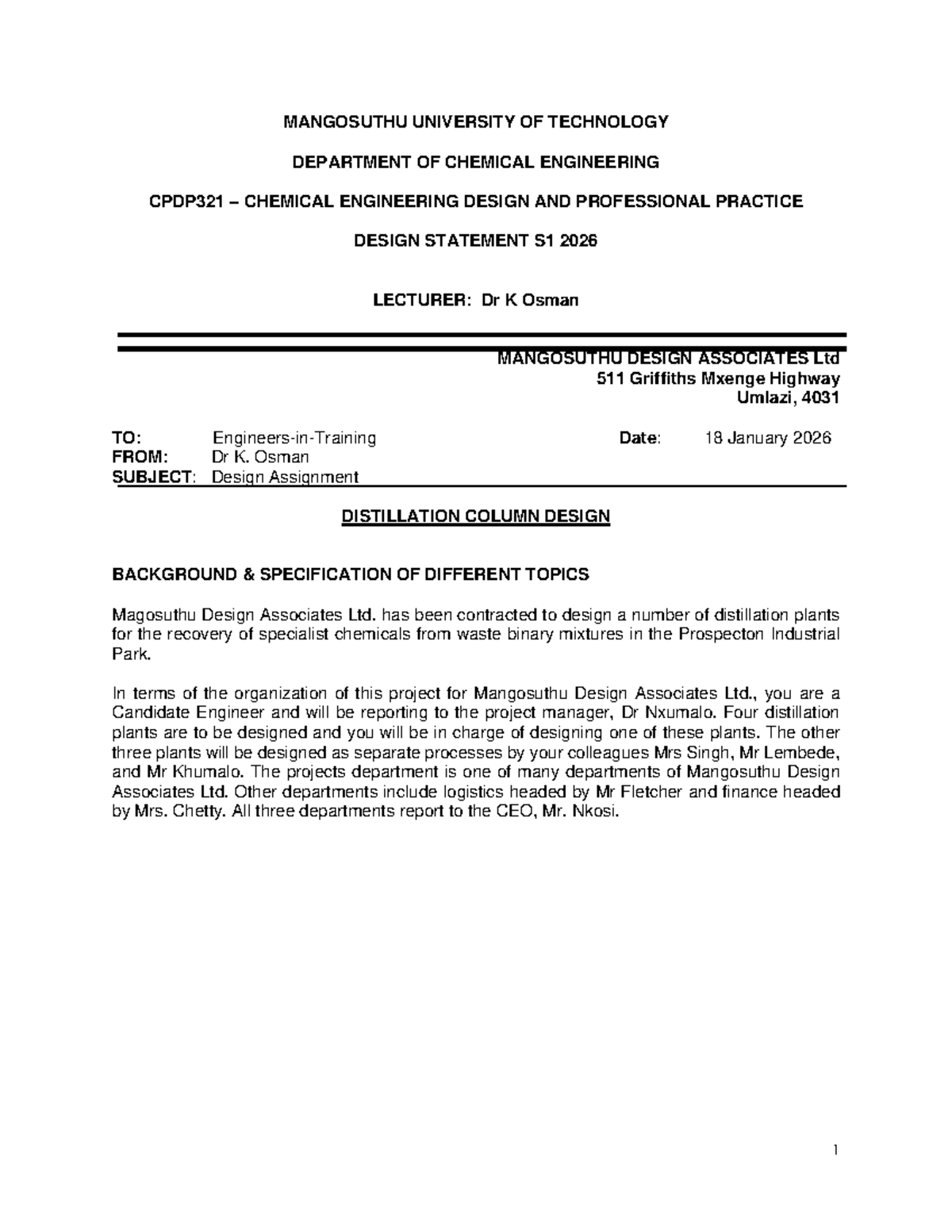 Design Statement for CPDP321: Distillation Column Design Project S1 ...
