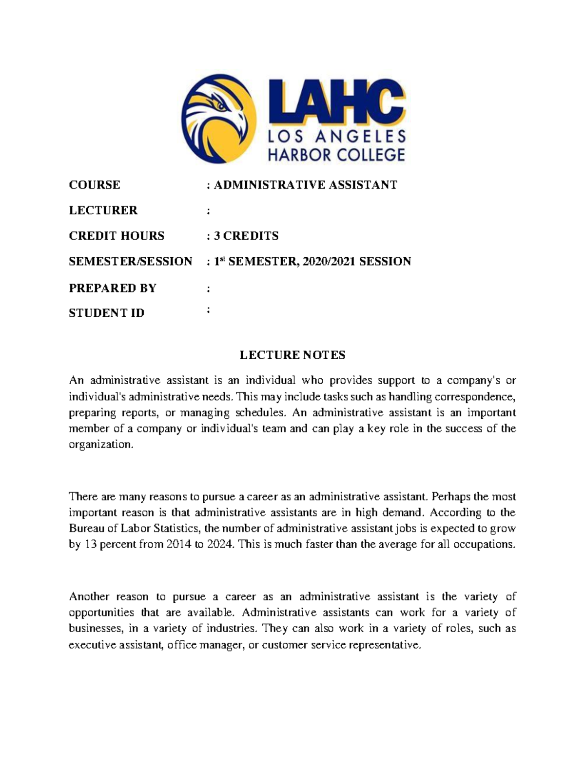 Admin Assistant Lecture Notes - 1st Sem 2020/2021 Session - Studocu
