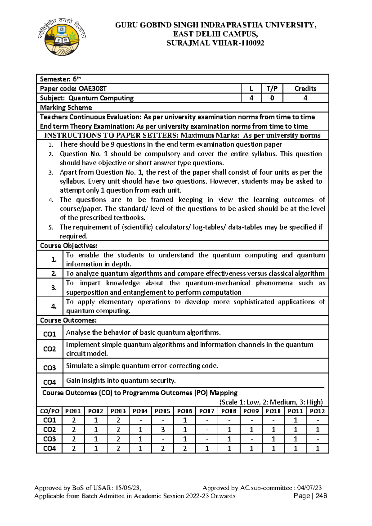 Quantum Computing Course Guidelines OAE 308 T - BTech Sem 6 - Studocu
