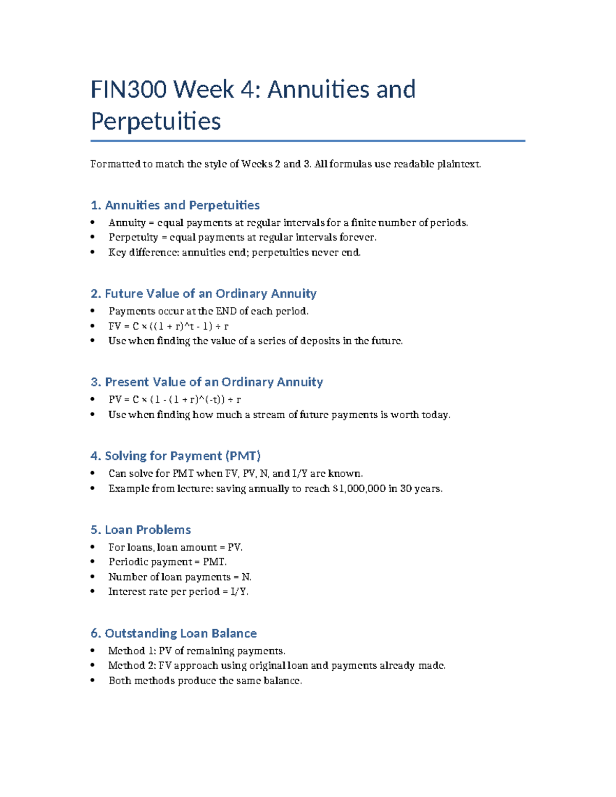 FIN300 Week 4: Comprehensive Notes on Annuities & Perpetuities - Studocu