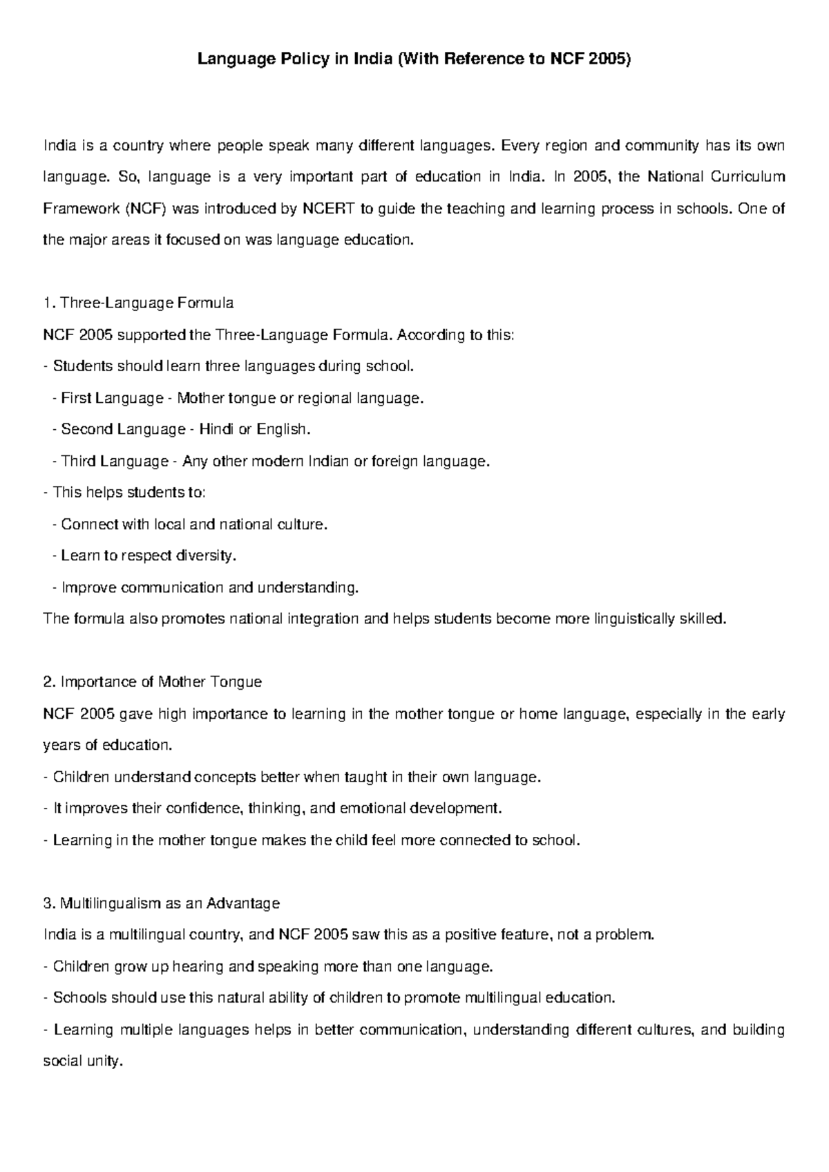 Language Policy in India: Insights from NCF 2005 - Studocu