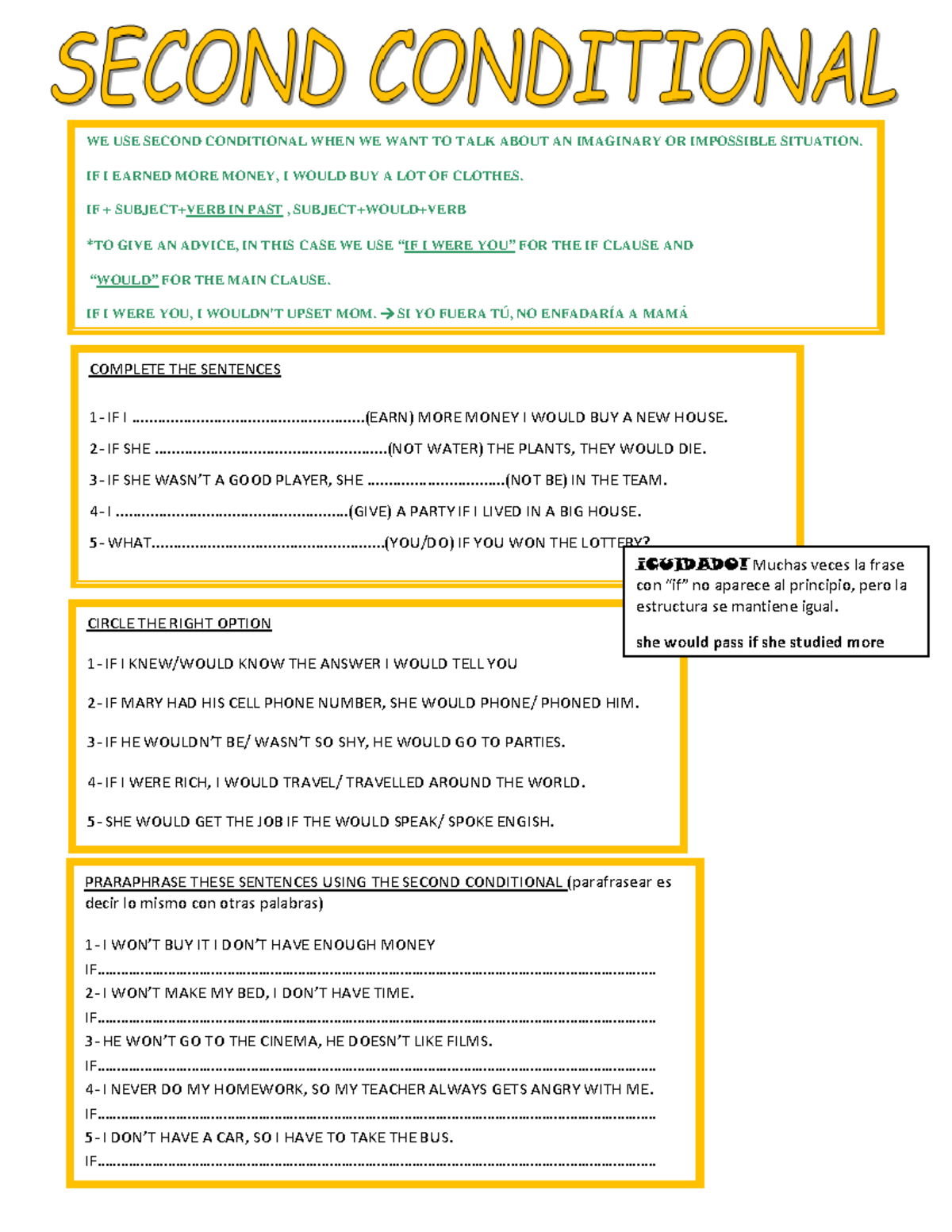 Second Conditional Exercises 2: Imaginary Scenarios & Practice - Studocu