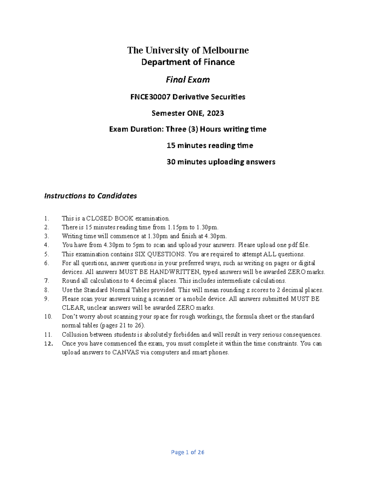 Final Exam FNCE30007: Derivative Securities 2023 (Semester 1) - Studocu