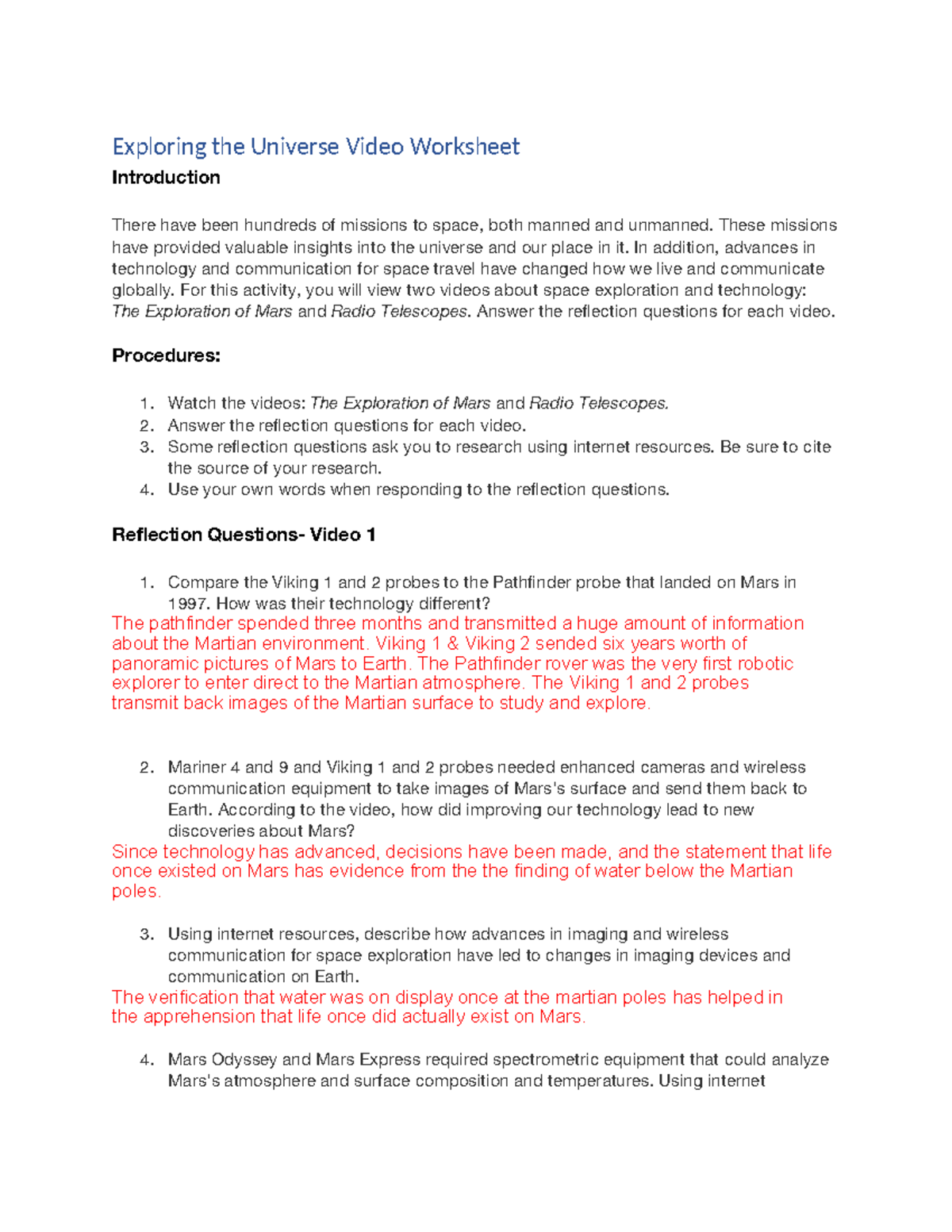 4.02 Earth/Space Science Reflection Questions on Space Exploration ...