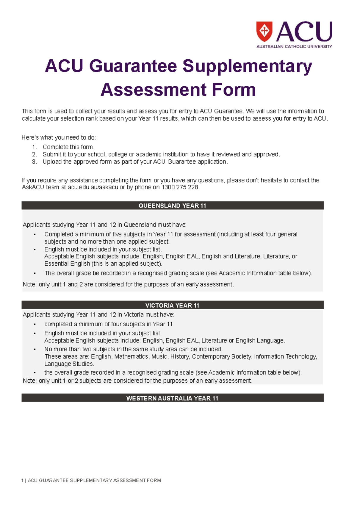 ACU Guarantee Supplementary Assessment Form Guidelines - Studocu