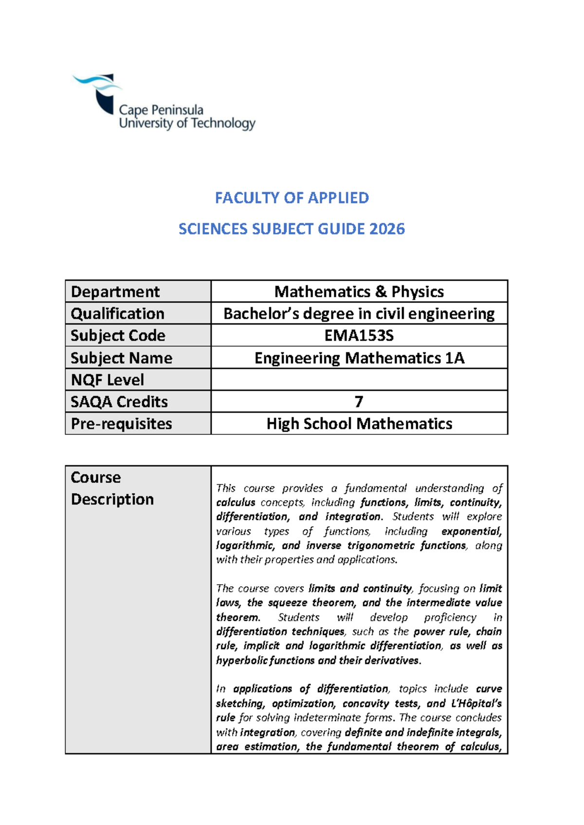 Subject Guide: Engineering Mathematics 1A (EMA153S) for 2026 - Studocu